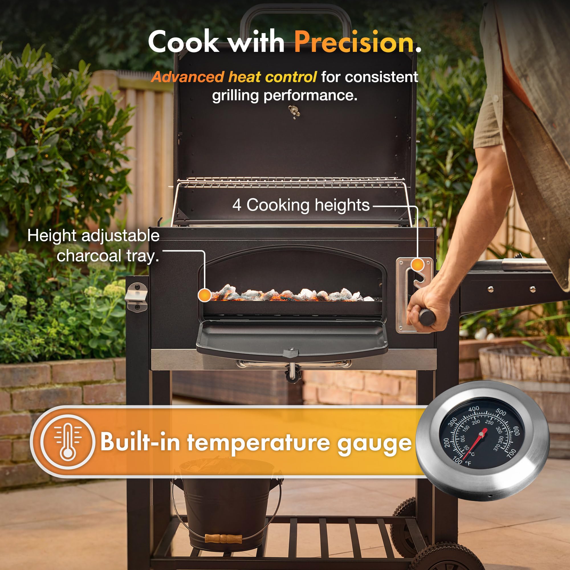 VonHaus Charcoal BBQ – XL Portable Barbecue with Warming Rack, Fold Down Shelf, Temperature Gauge, Wheels, Large Cooking Grill, Air Vents – 2 in 1 Barbeque and Wood Smoker – Grill Meat, Fish & Veg — view 3
