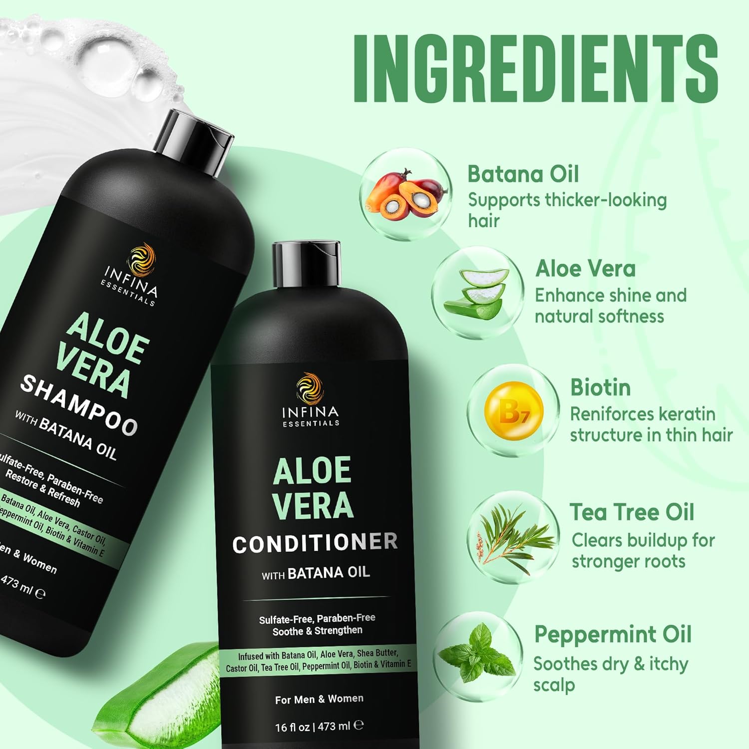 Aloe Vera Shampoo and Conditioner Set | 16 fl oz Each | with Batana Oil | Hydrating, Soothing & Moisture Balance Formula | Nourishing Care for Dry, Itchy or Sensitive Scalp - Image 4