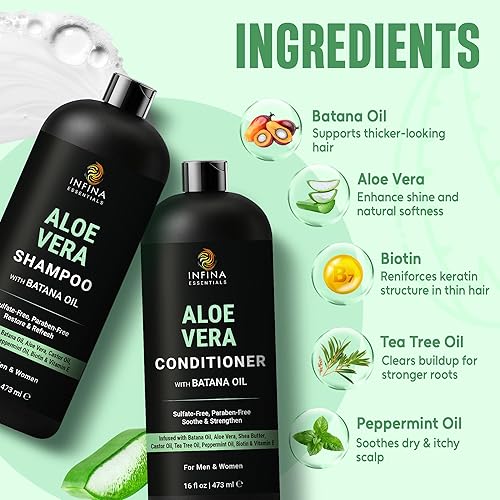 Miniatura 4 de Juego de champú y acondicionador de aloe vera con aceite de batana, fórmula hidratante, calmante y de equilibrio de humedad para cuero cabelludo