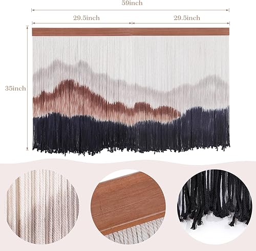 Miniatura 4 de ANMINY Tapiz grande de macramé teñido anudado para colgar en la pared de madera, cuerda de algodón natural, bohemio, hilo tejido, tapiz teñido por