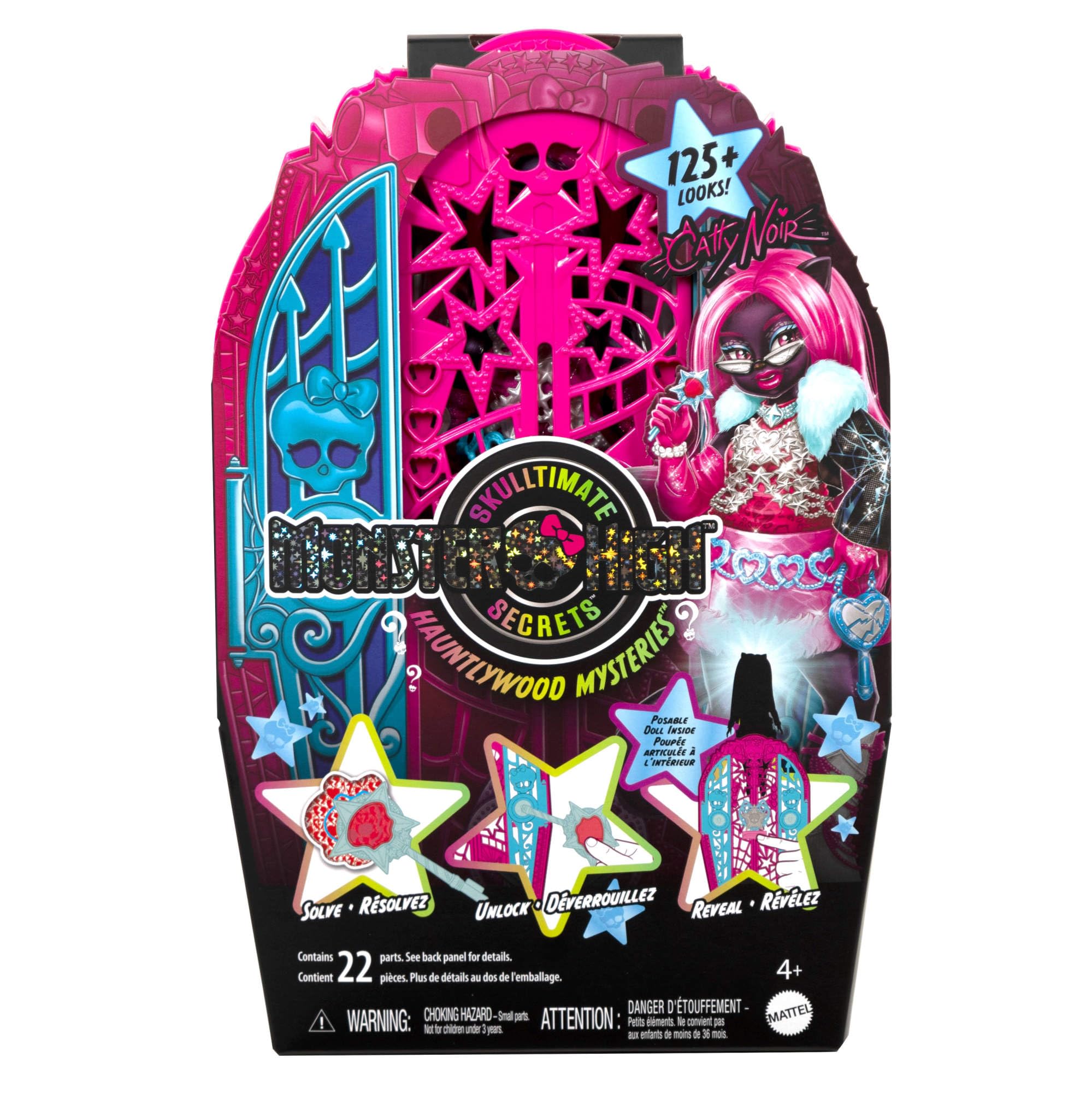 Monster High Straszysekrety Catty Noir Seria 6 Tajemnice Hollyduch Zestaw lalka, szafa i ponad 19 niespodzianek, w tym ubranka dla lalki i akcesoria, JBG82