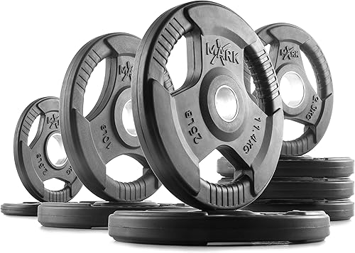 Miniatura 14 de XMARK TRI-GRIP - Par o juego de discos de peso olímpicos, pesas de ejercicio con revestimiento de goma para barra olímpica, juego de pesas de 01)