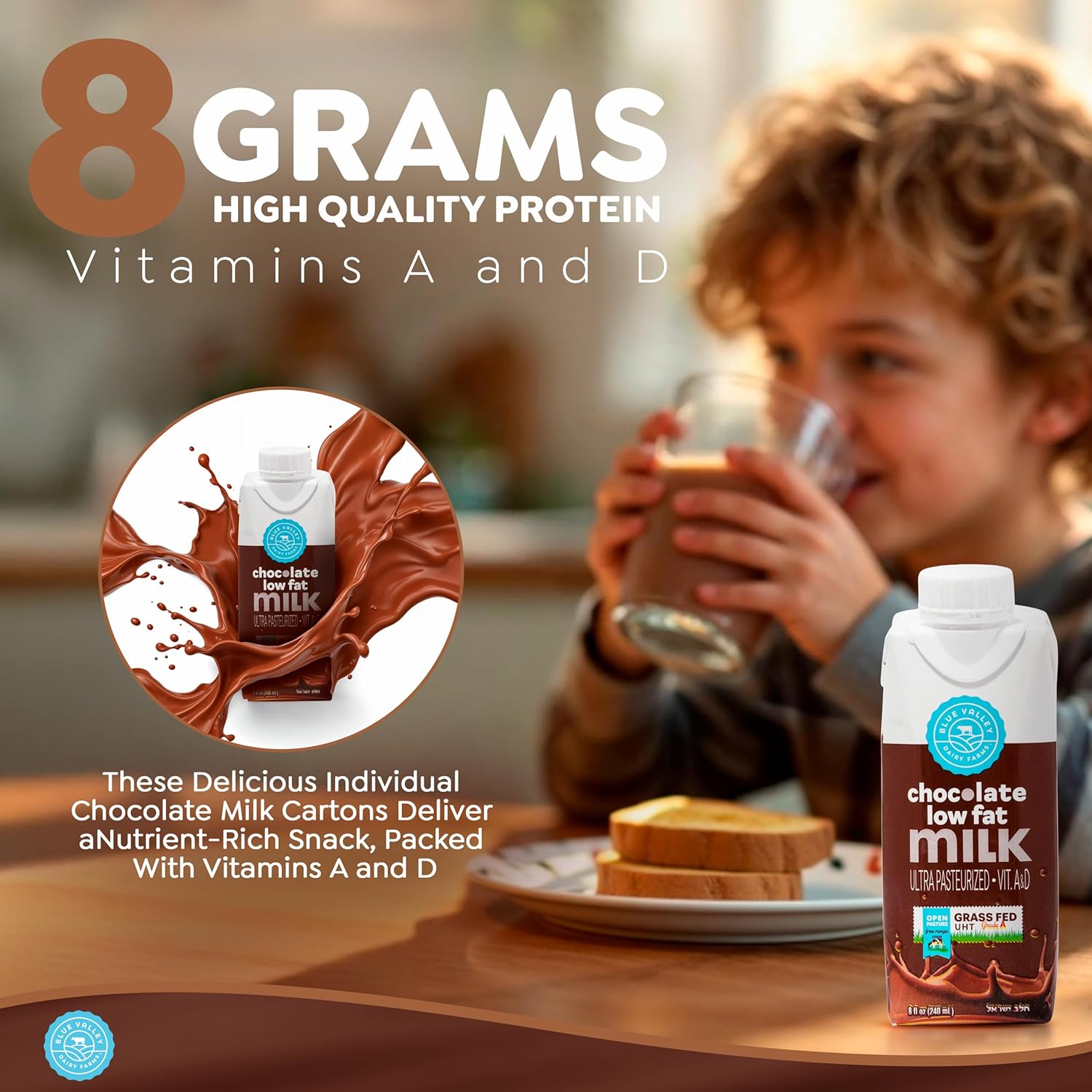 Blue Valley Grass-Fed Milk Boxes, Low-fat, Chocolate, Shelf Stable,Cholov Yisroel-8 Fl Oz-(24 Pack) – Individual Chocolate Milk Boxes for Kids, School Lunch, Snacking – Drink with Vitamins A and D