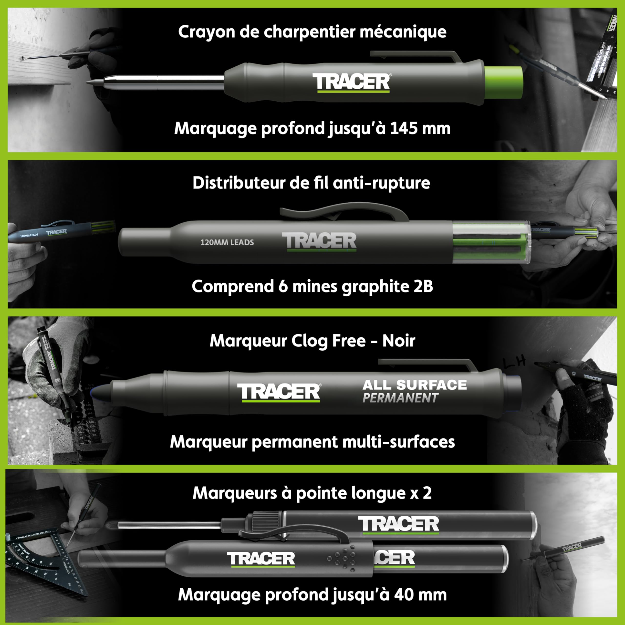 Tracer Kit de 5 marqueurs de construction avec étui de rangement – Crayon de charpentier, 2 marqueurs à pointe longue, marqueur sans obstruction et distributeur de mines de rechange