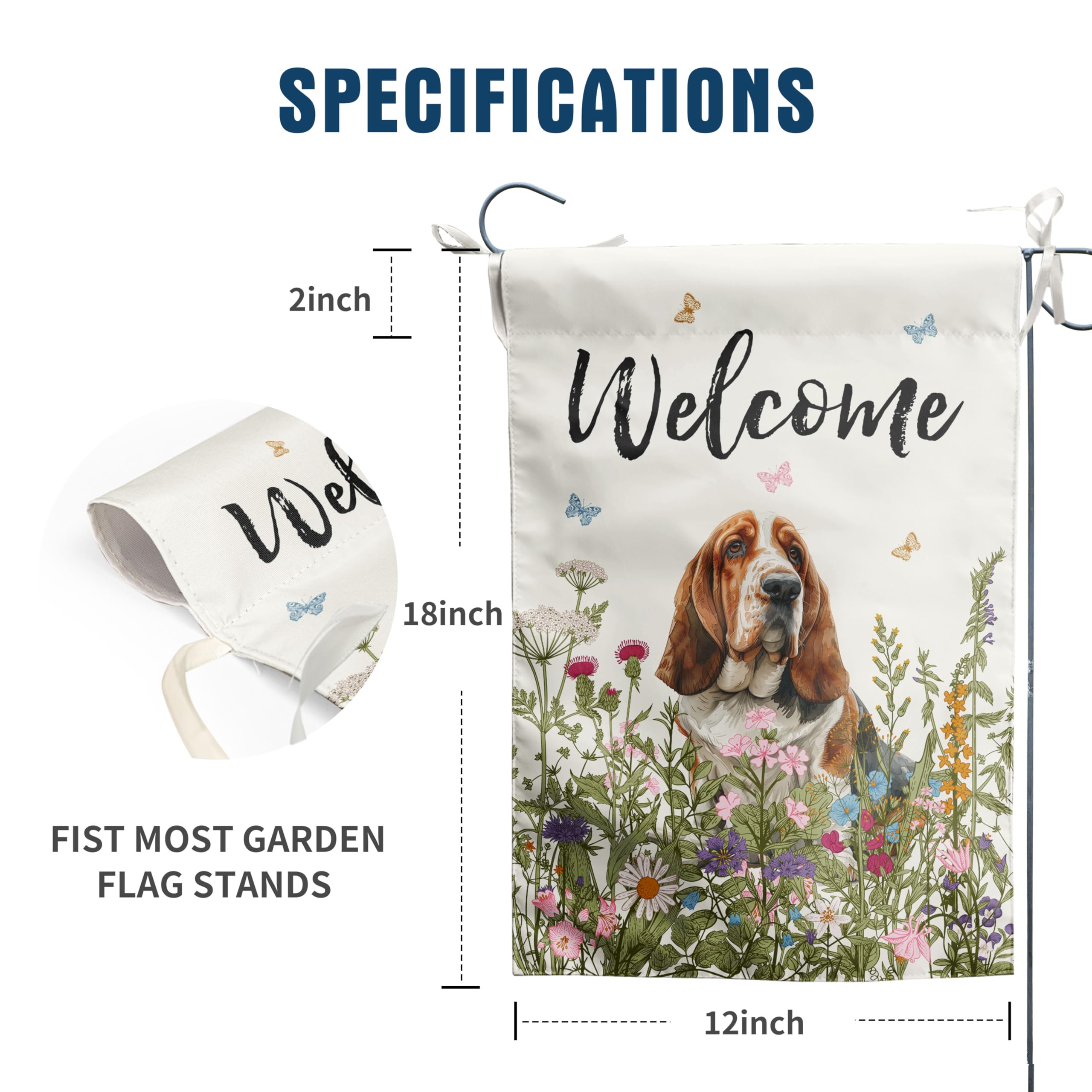 Spring Summer Garden Flag Floral Basset Hound Yard Flag Flower Dog Garden Flags for Outside Small Outdoor Welcome Flags 12x18 Double Sided
