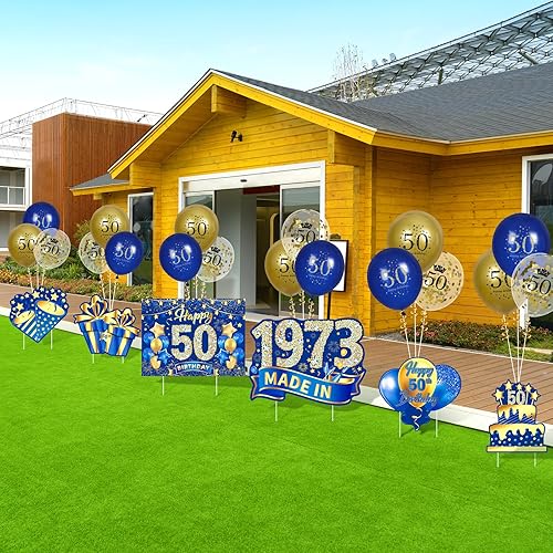 Miniatura 4 de Decoraciones azules de cumpleaños 50 para hombres y mujeres, 6 piezas azul marino y dorado con estacas y 18 globos de 50 cumpleaños 1973 para fiesta