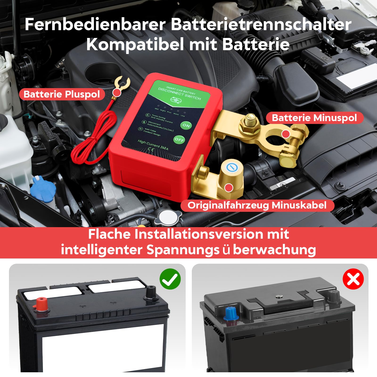 Disjoncteur de batterie télécommandé sans fil - 12 V - 240 A - Interrupteur d'arrêt automatique - Coupe circuit batterie pour voiture, camping-car, ATV, camion, bateau (Non affichage LED)