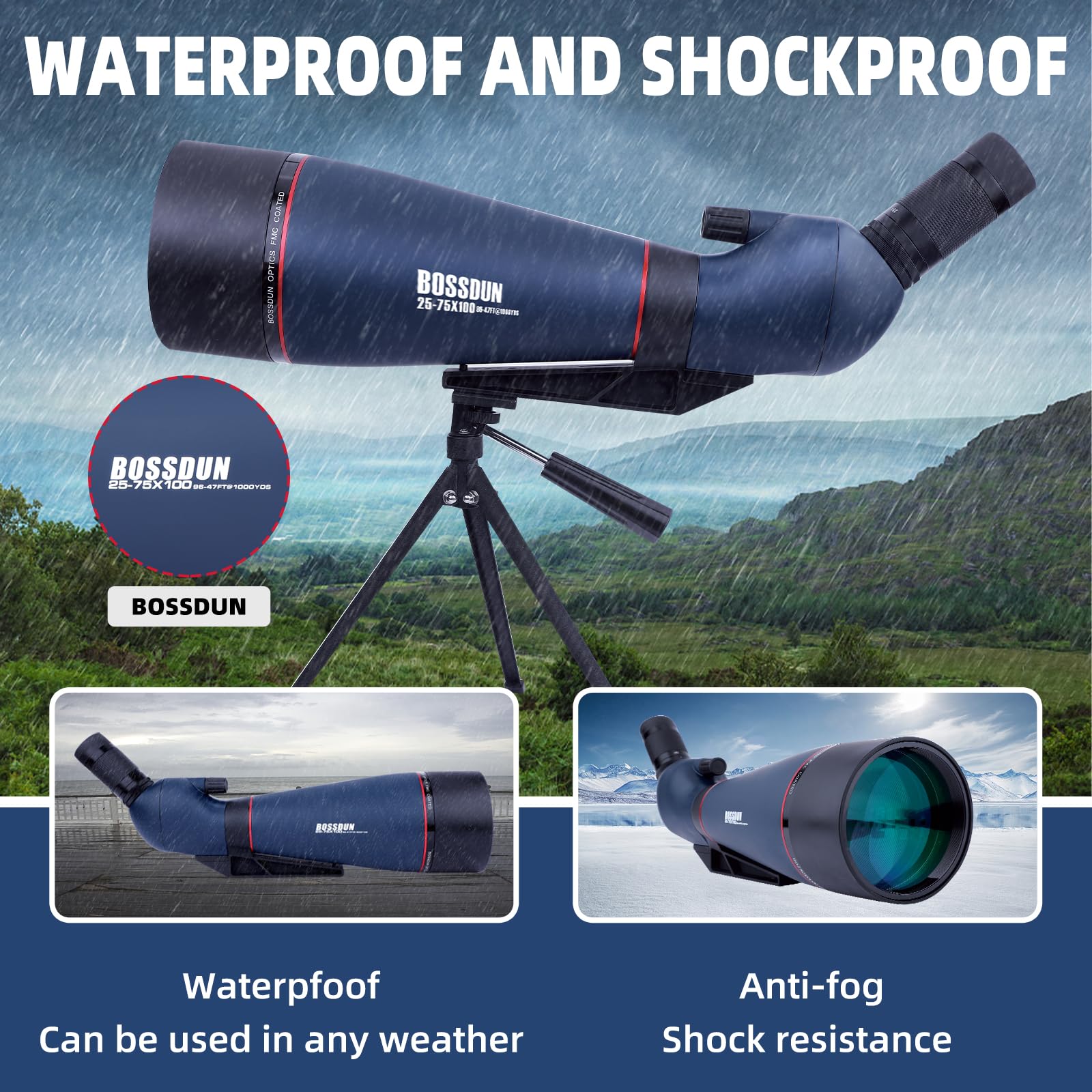 Cannocchiale 25-75x100 con Treppiede, Adattatore per Telefono e Borsa per il Trasporto, BAK4 Cannocchiale Professionale per Caccia, Tiro a Segno, Birdwatchingr il trasporto, per il tiro al bersaglio