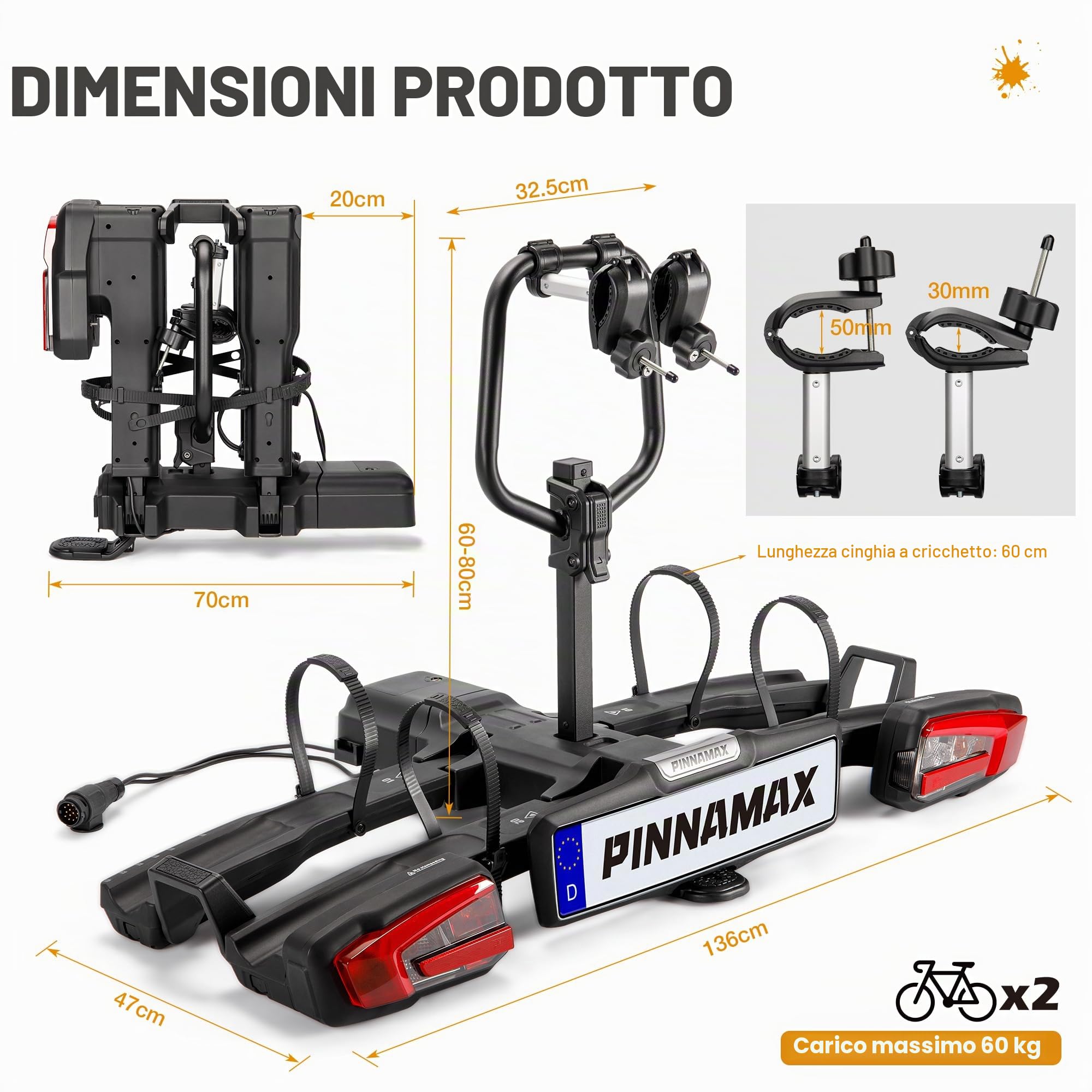 EBike Portabici per 2 biciclette – Portabici pieghevole e inclinabile per il gancio di traino fino a 60 kg – Portabici posteriore con protezione antifurto, fanale posteriore e portatarga