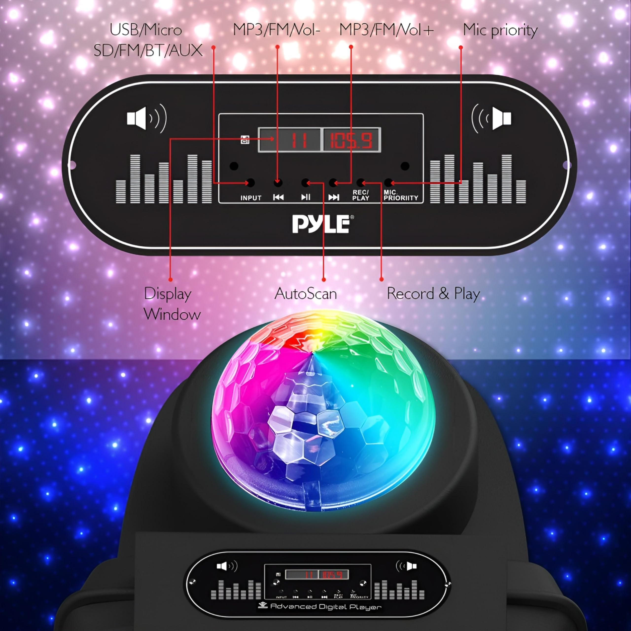 Pyle Enceinte Bluetooth,700W, Enceinte Active Karaoke, Haut Parleur Portable Rechargeable Alimenté par Batterie, Ensemble de Microphone avec Bluetooth MP3, USB, Micro SD, FM Radio, AUX,Lumières de DJ