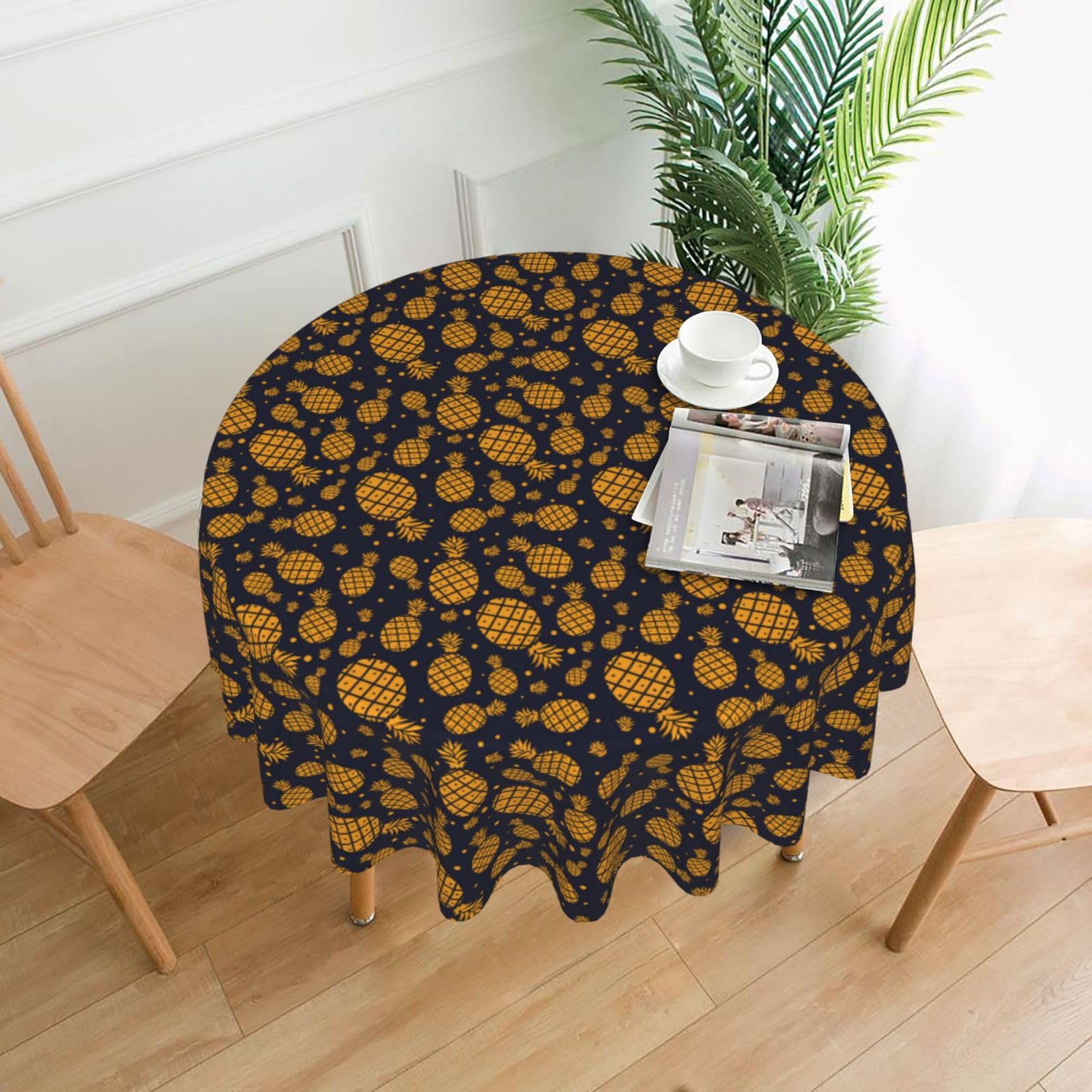 Nbtghga Golden Pineapple Print Tablecloth Round Border Table Cloth Cover Decorative For Party Holiday Dinning Tabletop Home