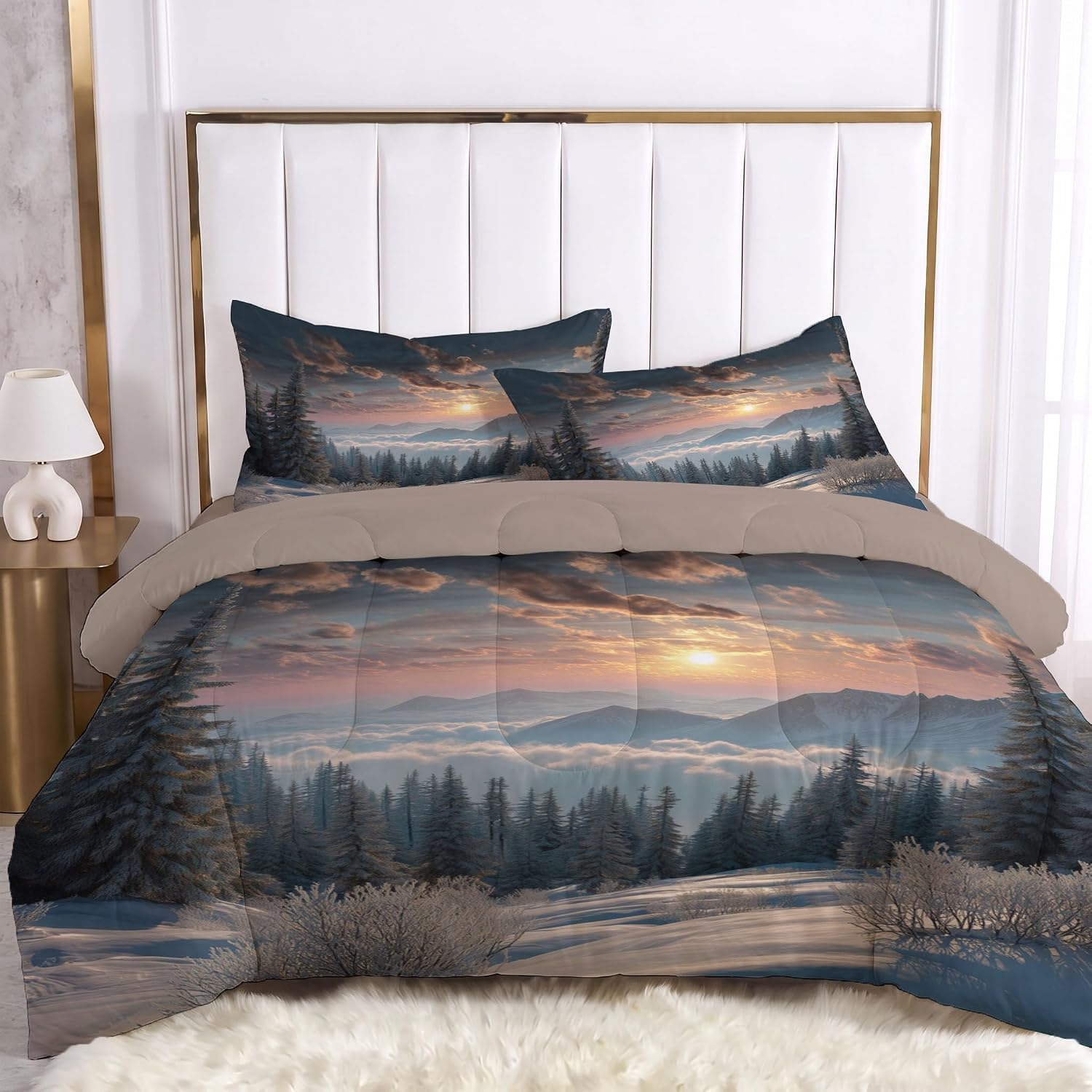 3 Piece Quilts Twin Size Bedding Set, Silver-Gray Lightweight Bedspread, Soft Microfiber, Snowy Mountain Scenery Pattern for All Season Bed Coverlet with 2 Pillow Shams, 68"X90"