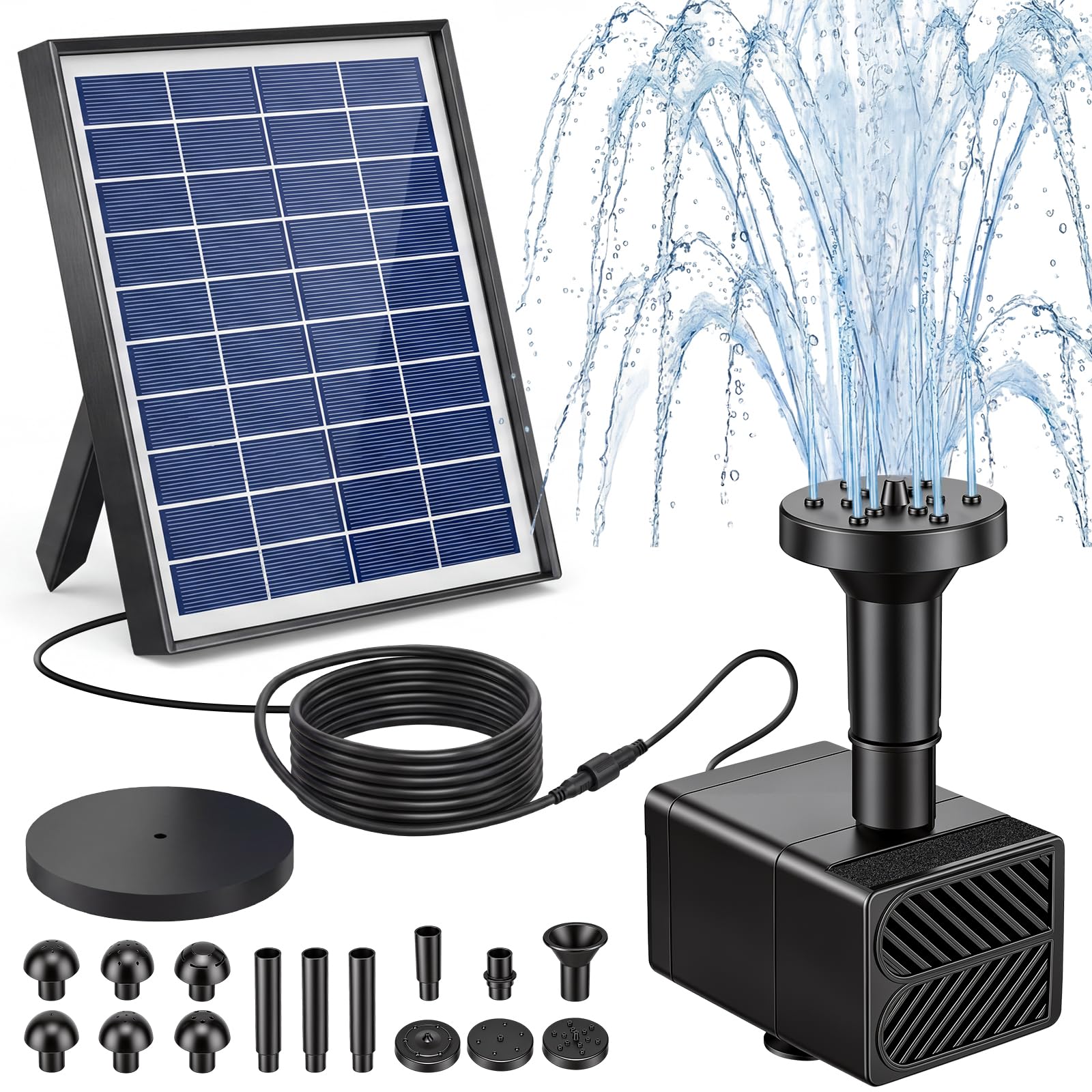 6.5W Solar Water Fountain, Solar Water Feature with Solar Panel Built-in & 9.85ft Tubing, 15-teiliges Set Bird Bath Fountain Stable Spraying for Garden Pond Bird Bath Water Features