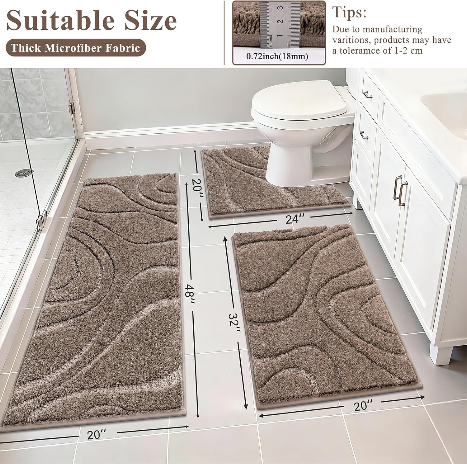 HEBE Microfiber Bathroom Rugs Sets 3 Piece,Super Absorbent Non Slip Bath Mats Rugs for Bathroom,Washable Bath Mat and U-Shaped Contour Toilet Rug Set for Tub Shower Bath Carpet