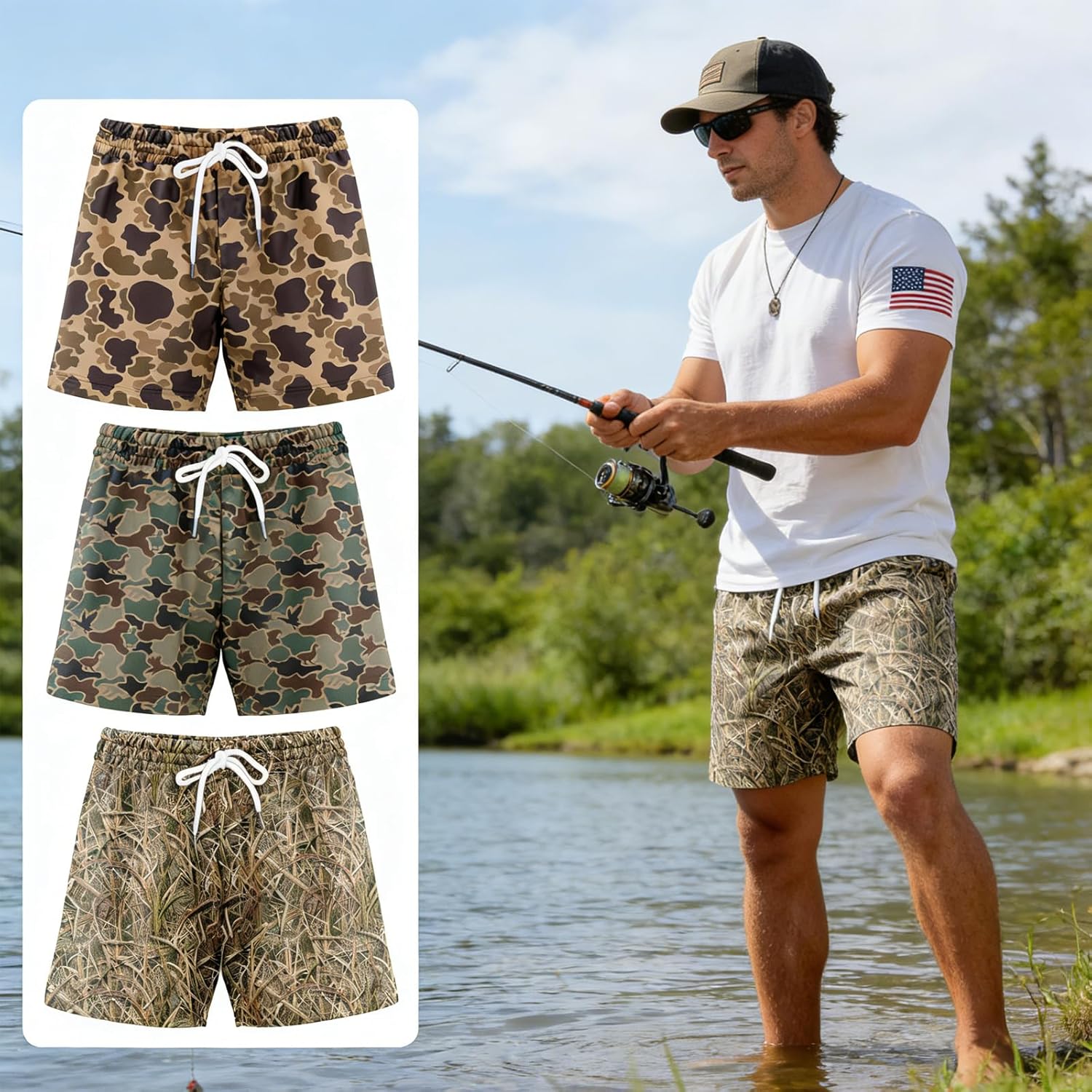 Pack 3 Duck Hunting Camo Shorts - 5 Inch Inseam Camo Mesh Design, Men's Casual Shorts for Hunting Fishing Hiking Shorts