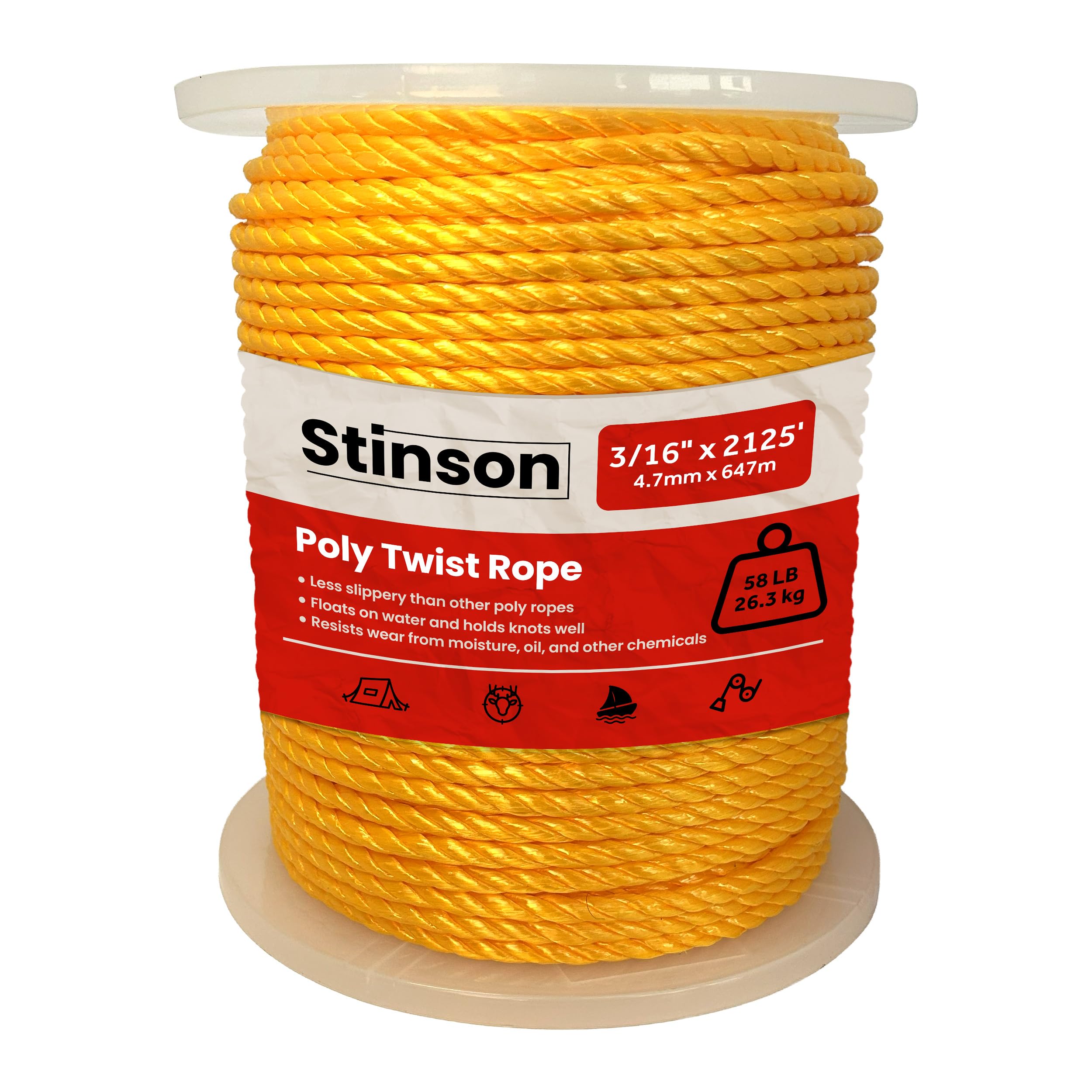 Toolway 3/16" Polypropylene Rope 2125 ft – Twisted 3 Strand Floating Utility Rope, 381 lb Load, Outdoor Farm Marine Use