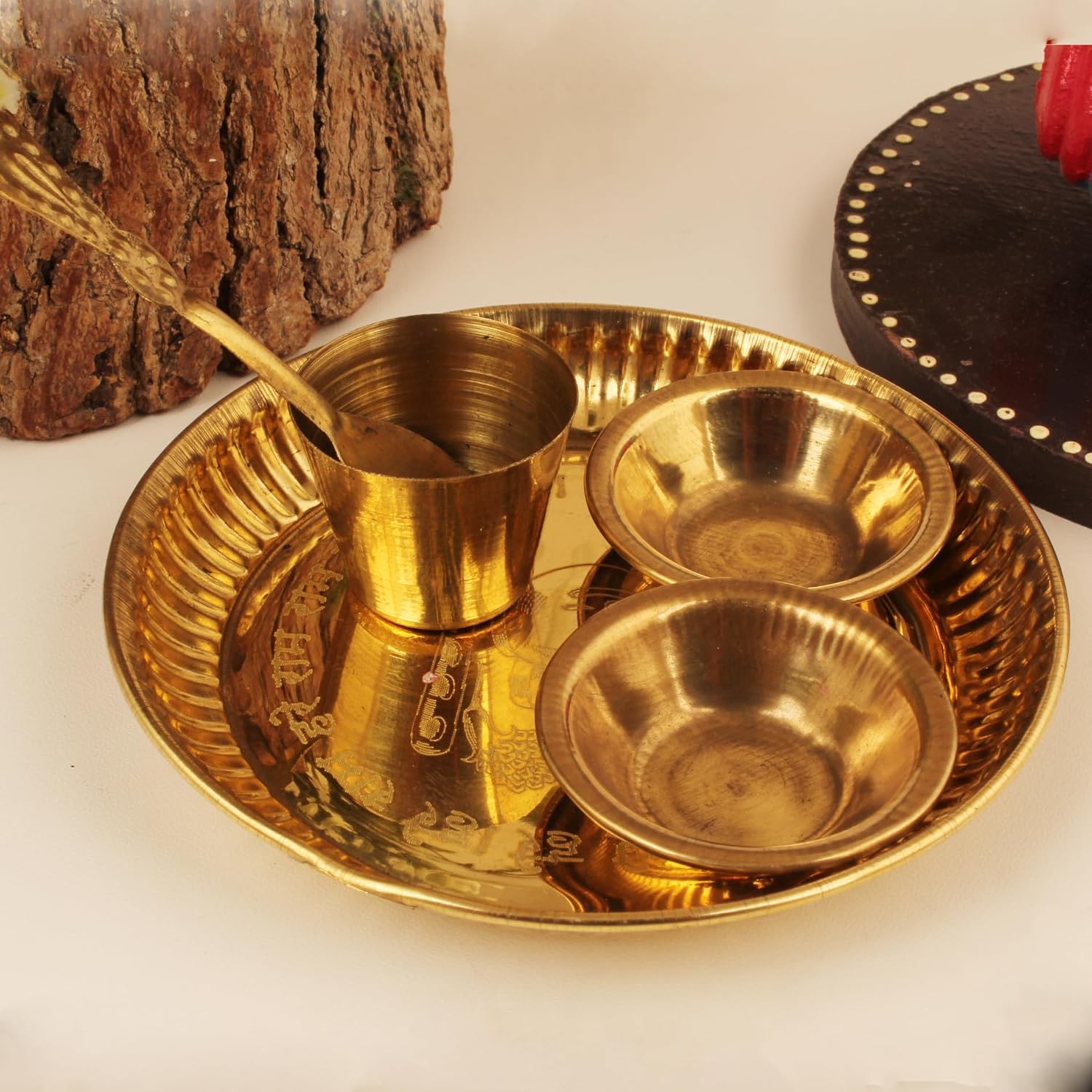 Brass Bhog Thali Set with Glass, Bowls & Spoon – Traditional Pooja Thali Set for Temple, Home Plate, Festive & Spiritual Use