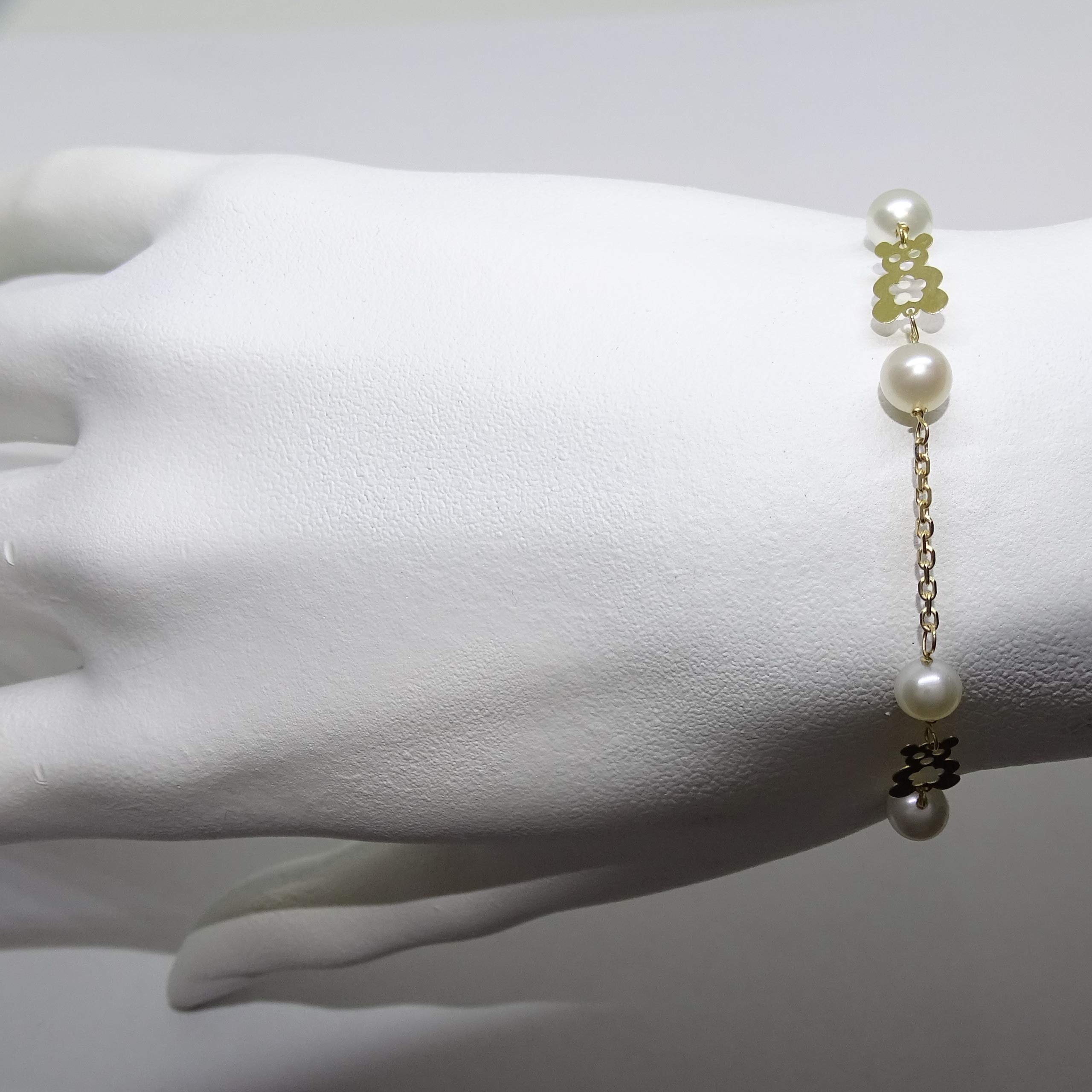Bransoletka z 18-karatowego złota z misiami i perłami hodowlanymi dla dziewczynki | Bransoletka z ogniwami 17cm | modna biżuteria | 2,55g żółtego złota | Prezent na Pierwszą Komunię |