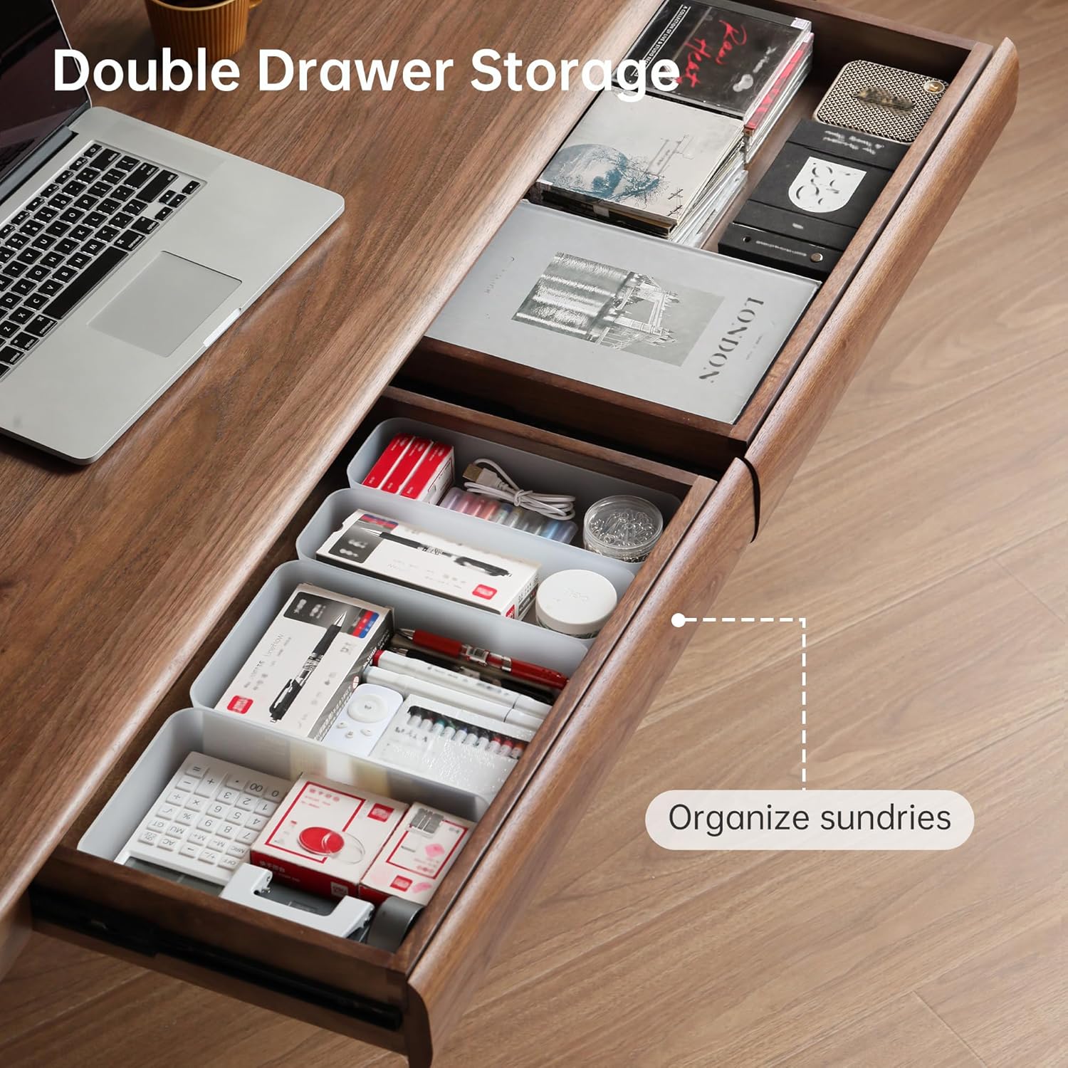 YESWOOD 100% Solid Wood Desk, Mid Century Modern Walnut Color Home Office Desk, Sturdy Computer Desk Writing Desk with 2 Drawers for Study Living Room 55.11" W