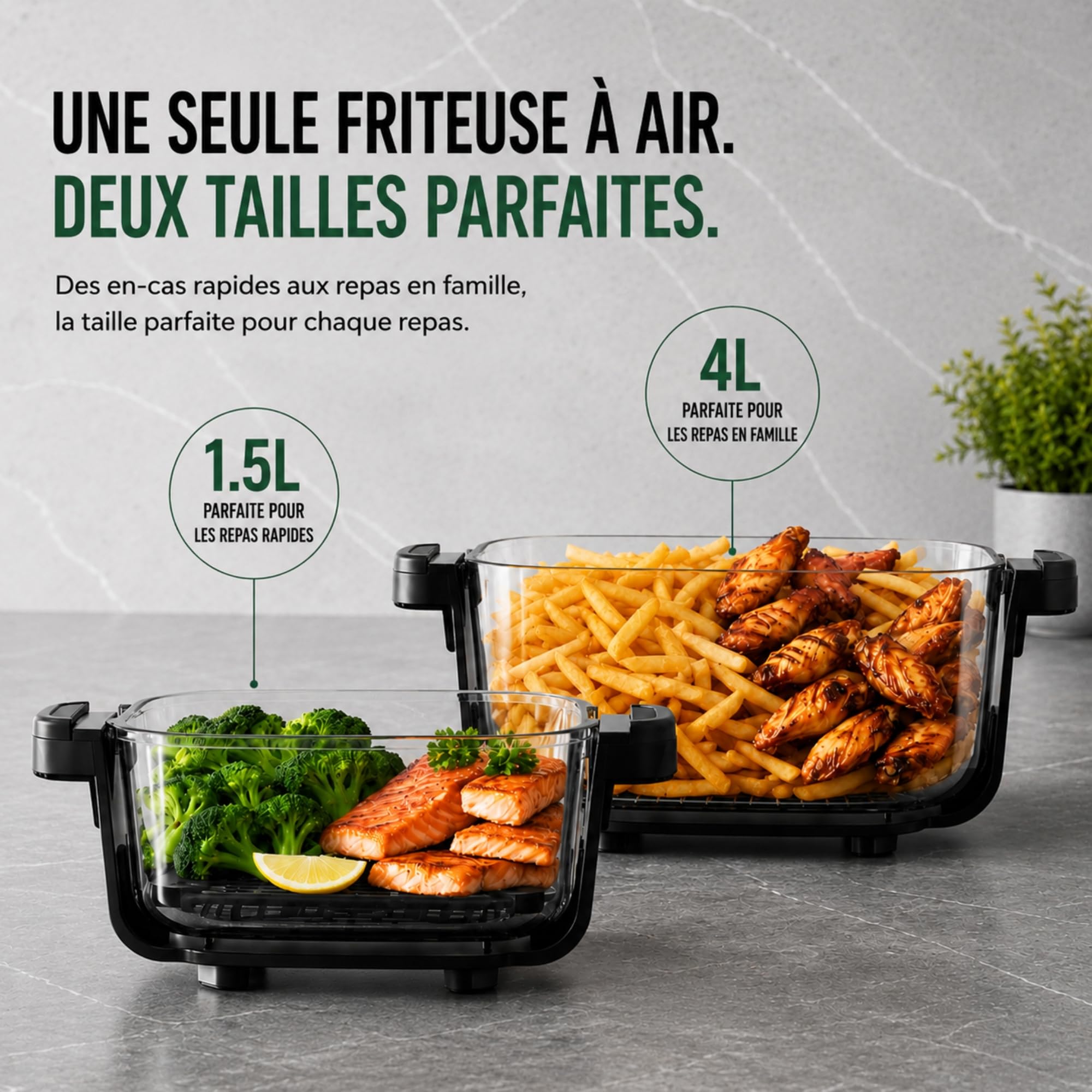 Just Perfecto Friteuse sans Huile Verre 1,5L + 4L Cuve Transparente Noir