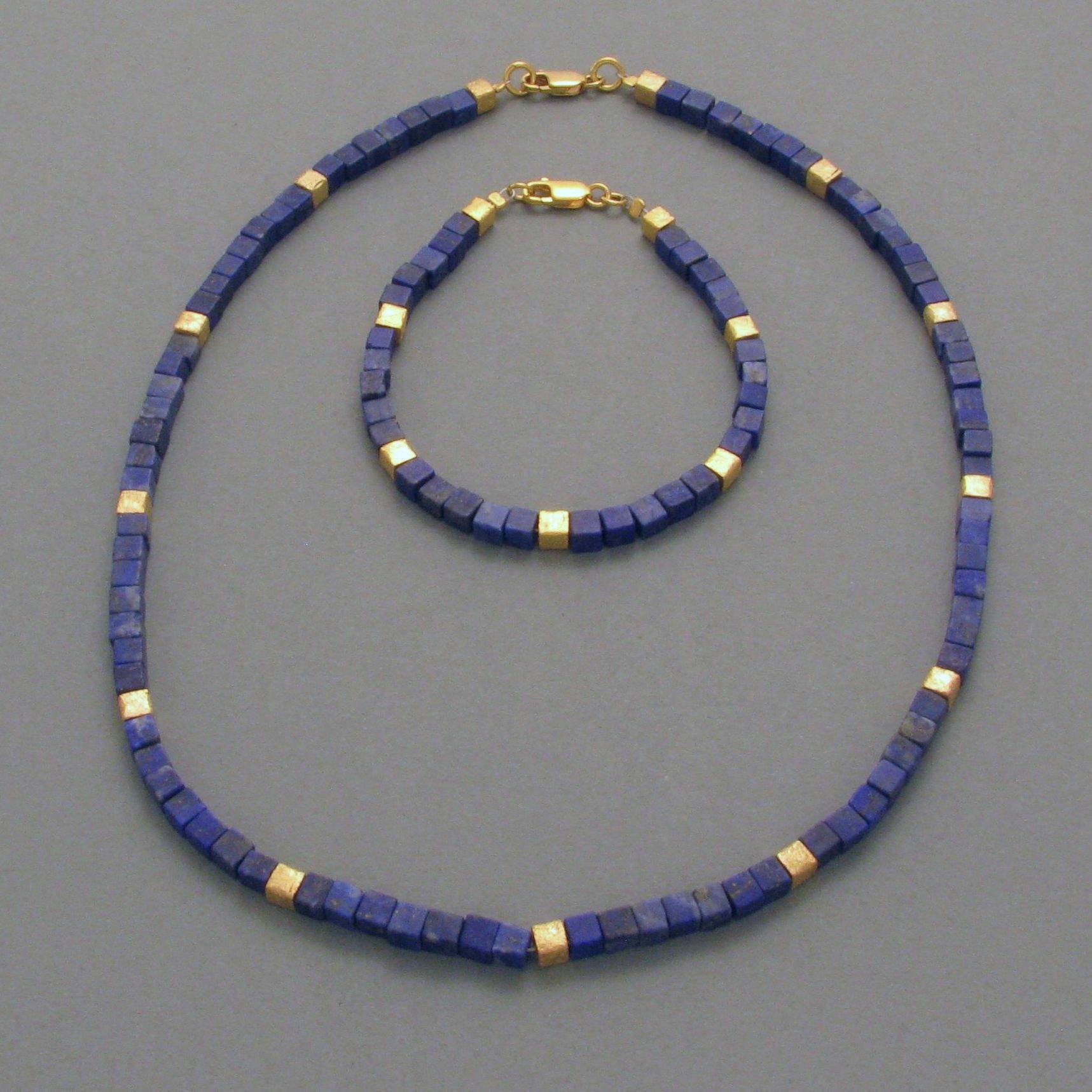 Lapislazuli-Kette, Würfel, Silber vergoldet