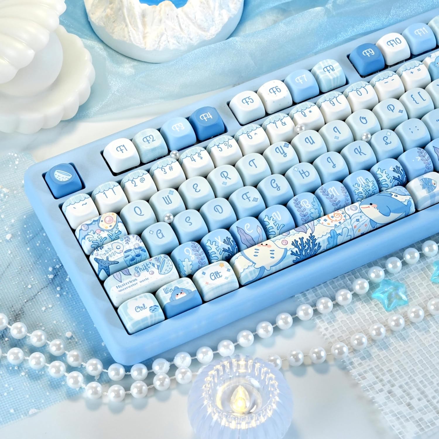 MOA Profile PBT Keycaps,130 Keys Blue Cute Keycap Set, Dye-Sublimation, MOA Profile, Anime Ocean Theme for US Layout Cherry MX Switches Mechanical Keyboard