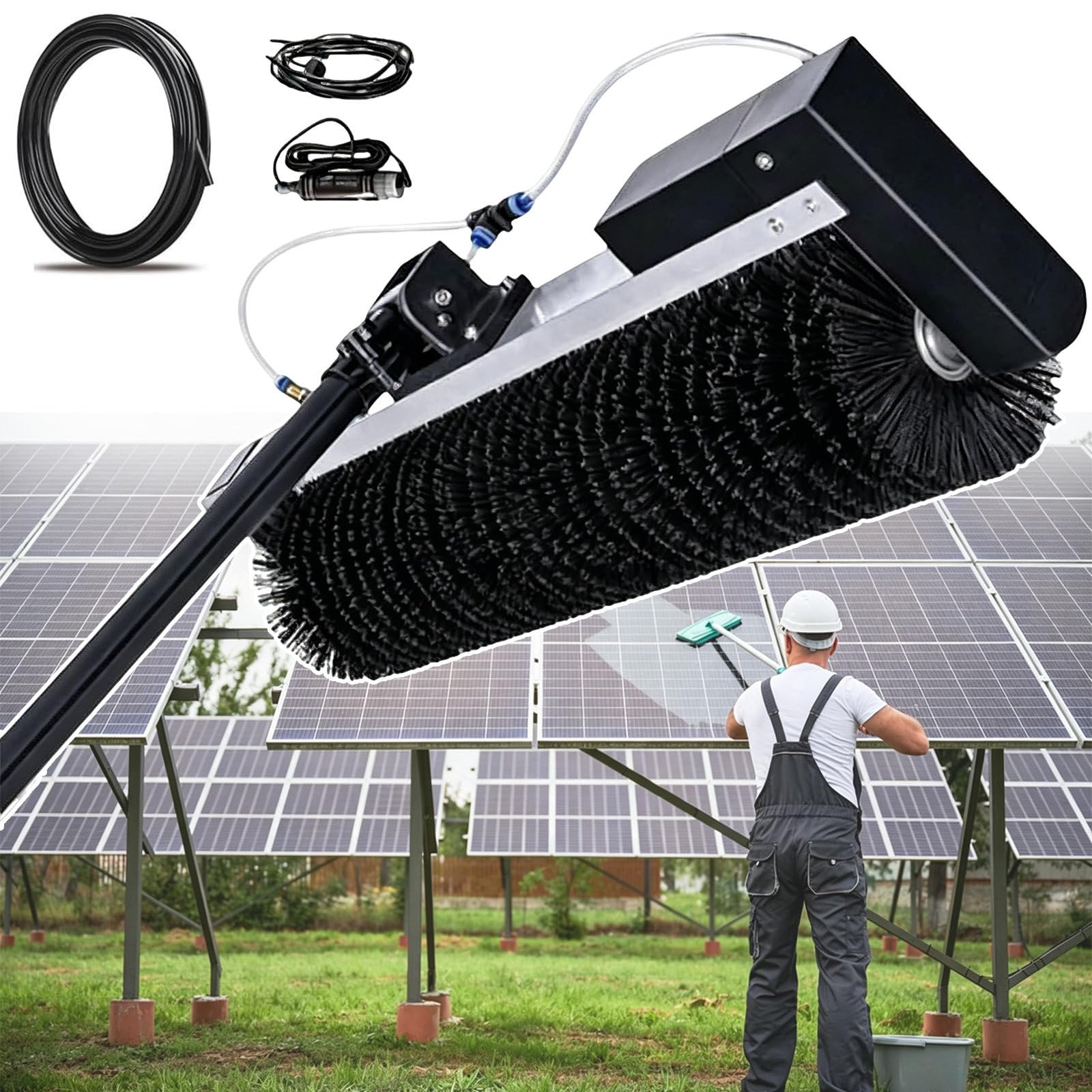 SOTIKARERY Solar Panel Cleaning Kit,Automatic Rotary Cleaning Brush, Window Cleaner/Roof Water Brush, Special Roof Water Brush with Adjustable Extension Rod for PV Panels, Motorhomes, Roofs 5.5m/18ft