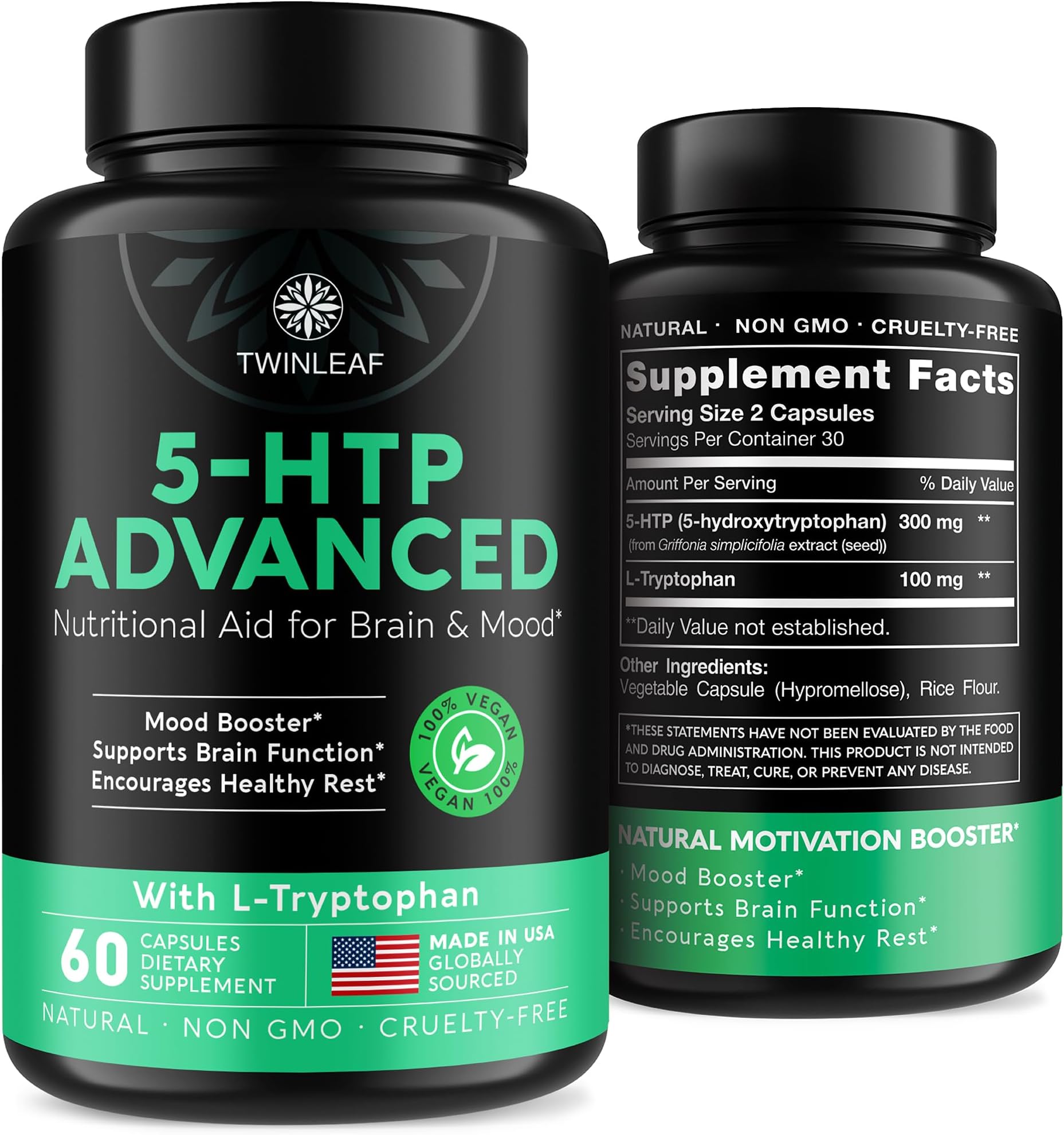 5 HTP Supplement 400 mg for Mood Support - Made in USA - Natural 5-HTP & L-tryptophan Capsules - 5-HTP Booster for Men & Women - Proprietary Formula for Mood and Relaxation - 60 Vegan Capsules