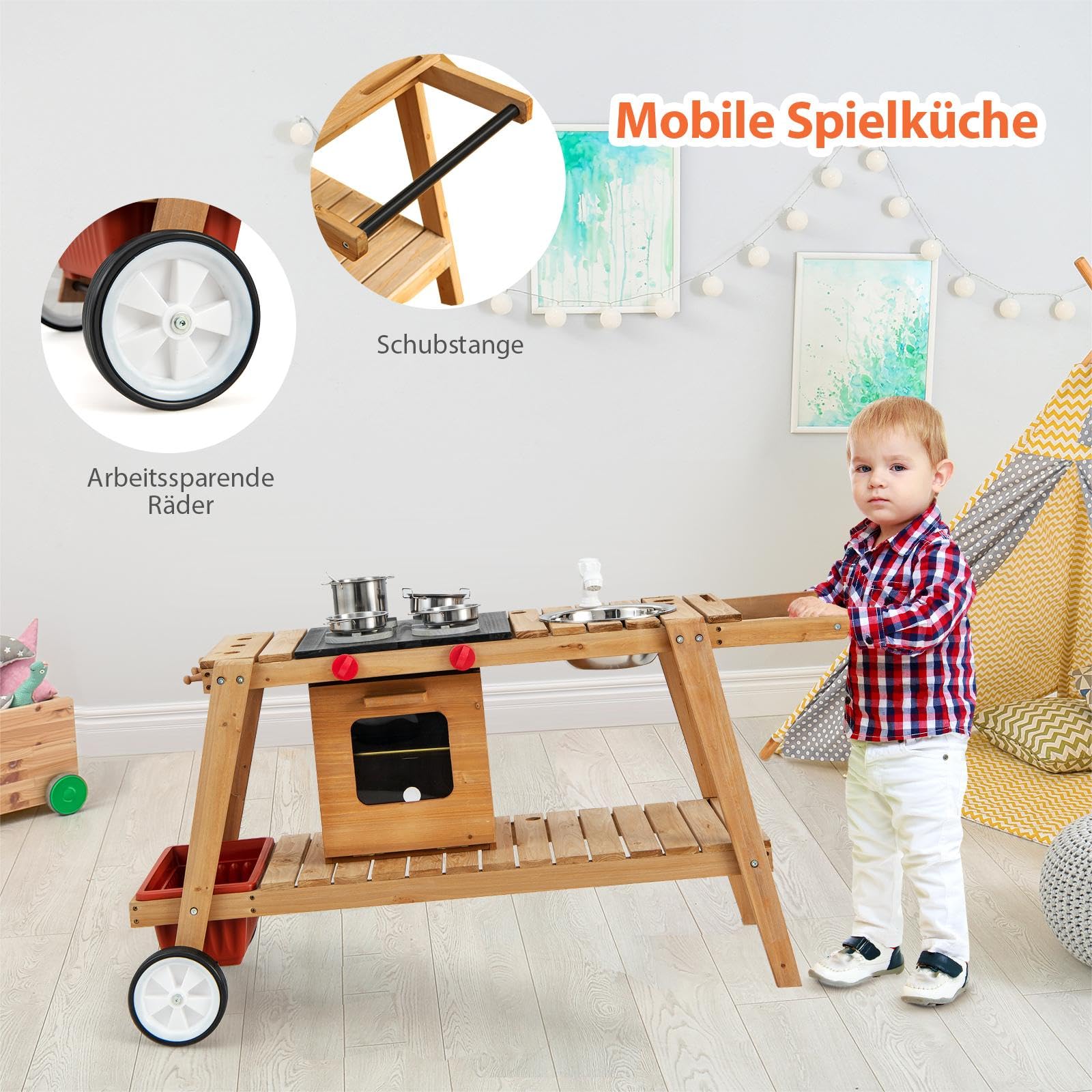 Cocina De Juguete Exterior AIYAPLAY Con Agua Real, Ruedas Y 15 Accesorios – Cocinita De Madera Para Juego Creativo En Jardín