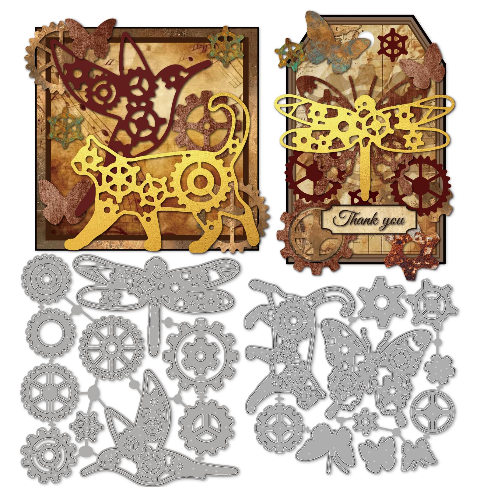 INFUNLY 22pcs Steampunk Gear Animals Die Cuts for Card Making Butterfly Dragonfly Cutting Dies Cat Metal Cutting Vintage Bird Embossing Stencil for DIY Scrapbooking Paper Photo Album Crafts