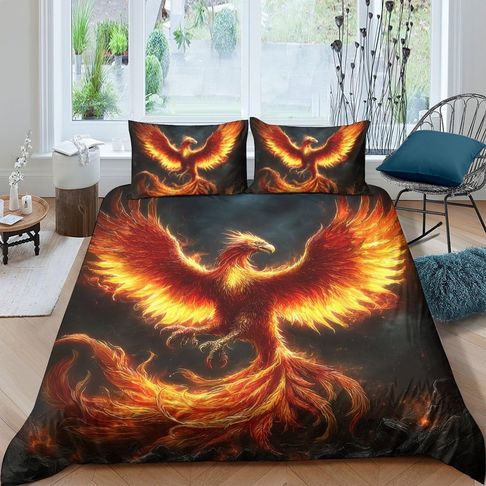Ctjqhvkz Style-1 3D Printed Flaming Phoenix Fitted Sheet Microfiber Soft Fire Bird Bed Cover For Bedroom Guest Room Decor Mattress Protection Single（135X200cm）