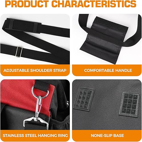 Miniatura 4 de Kingfun Bolsa de herramientas para hombres de 16 pulgadas, organizador de bolsas de herramientas resistentes de 14 bolsillos, correa de hombro