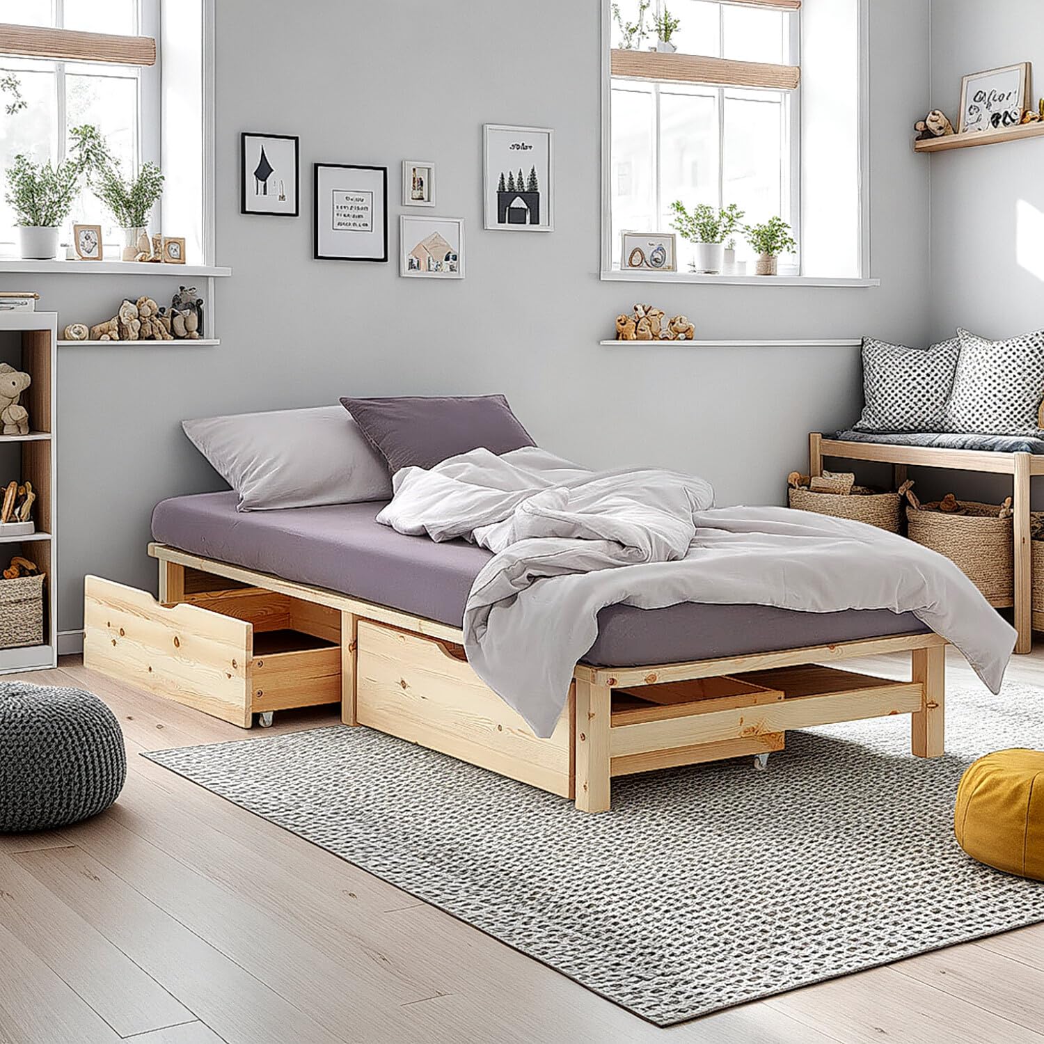 Homestyle4u Massivholzbett 100x200 cm mit Stauraum – Palettenbett aus Kiefernholz (mit Lattenrost)