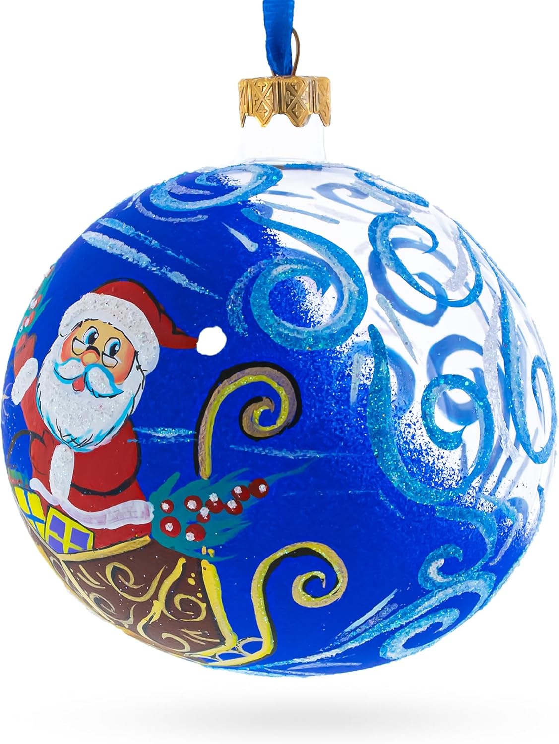 Jolly Santa Riding Sleigh with Reindeer Glass Ball Christmas Ornament 4 Inches - Image 2