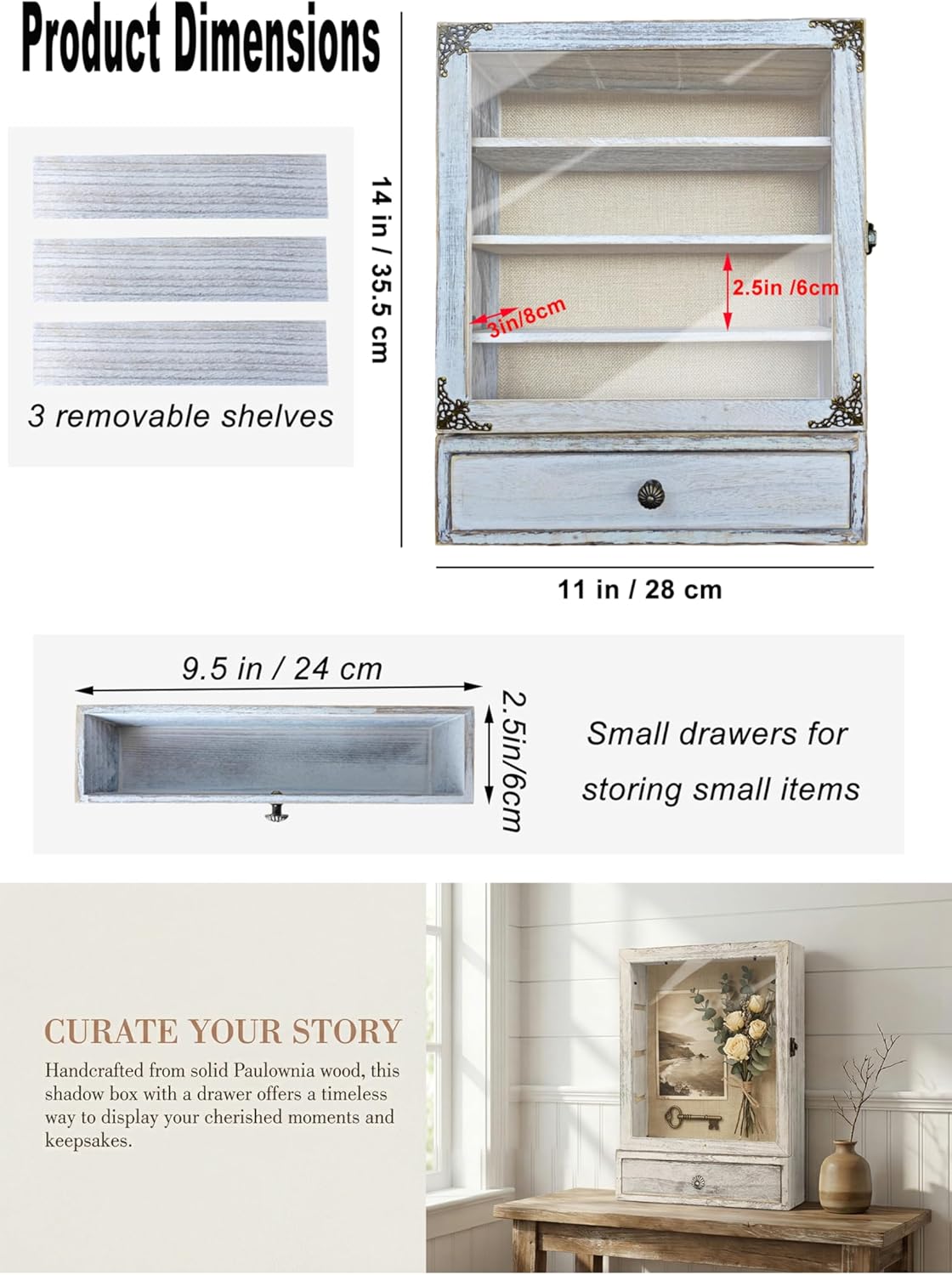 11×14 Wood Shadow Boxes Display Cases with Removable Shelves and Drawers,Shadow Box Photo Frames Deep ,Memory Boxes for Keepsakes for Display The Pictures, Collections, Medals, Bouquet (Old White)