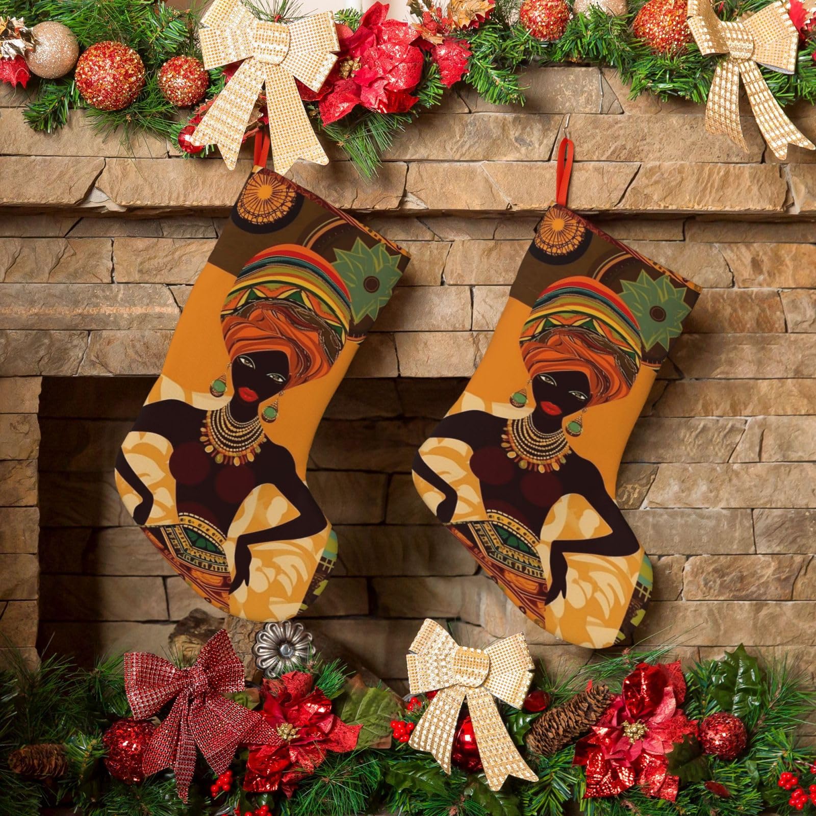 KLOPH Christmas Stockings 18" Personalized Xmas Stocking African Woman Decoration Stocking Hanging Fireplace Stocking for Holiday Xmas Tree Christmas Fireplace Decor