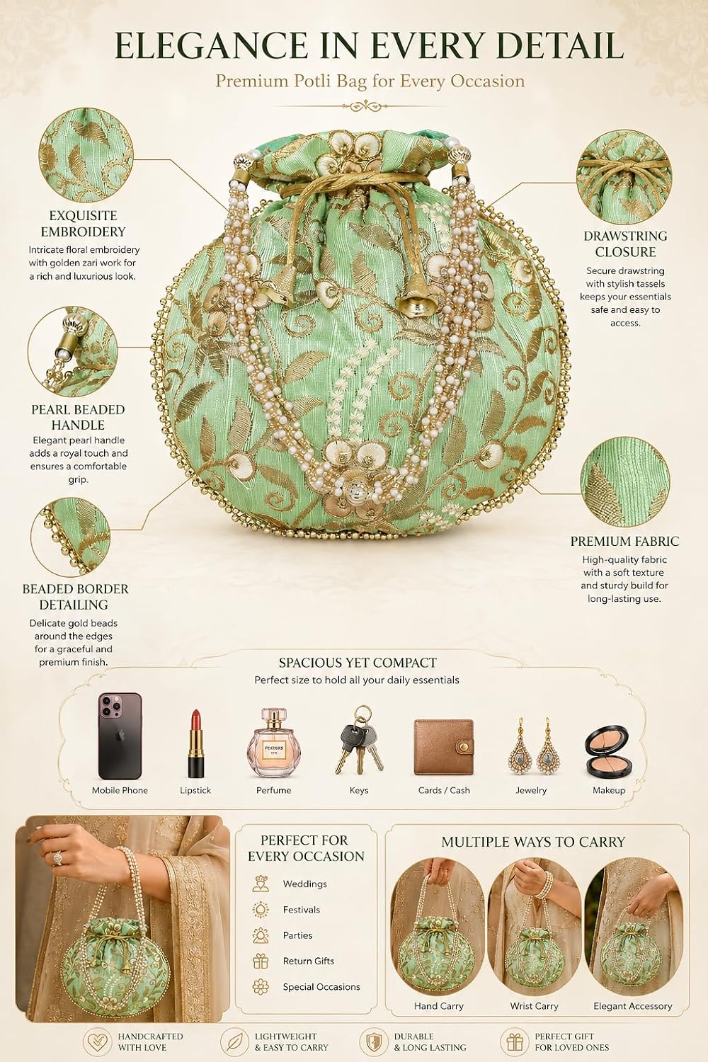 Potli Bag for Women Ethnic Gold, Pearl Handle Floral Accents, Drawstring Closure Pearls Handle Batwa Clutch Purse