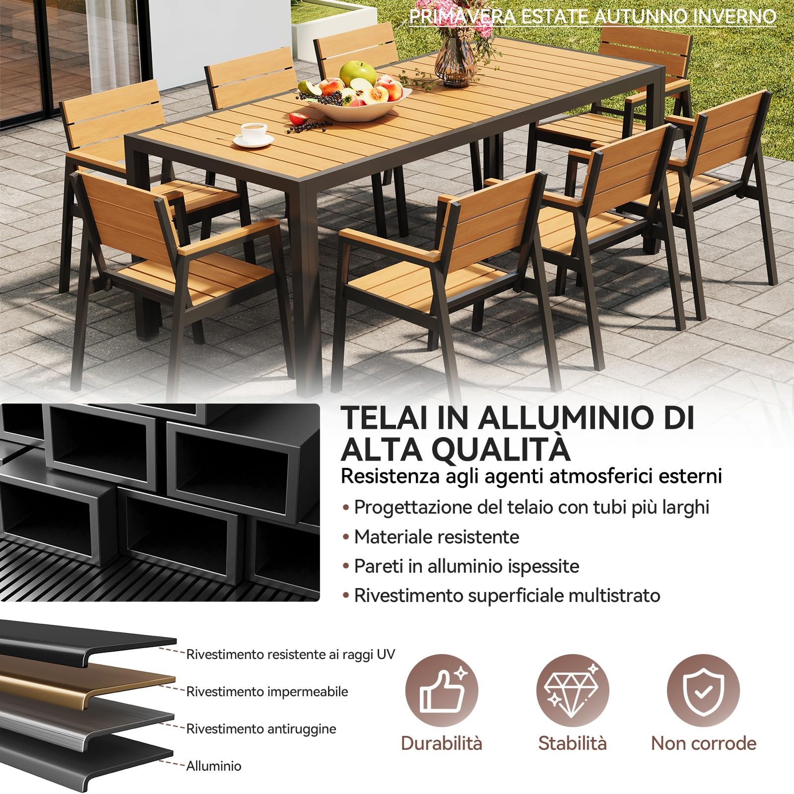 Devoko HDPS Set Tavolo e Sedie da Giardino 9 Pezzi Alluminio Finitura Vena di Legno 189 cm Naturale