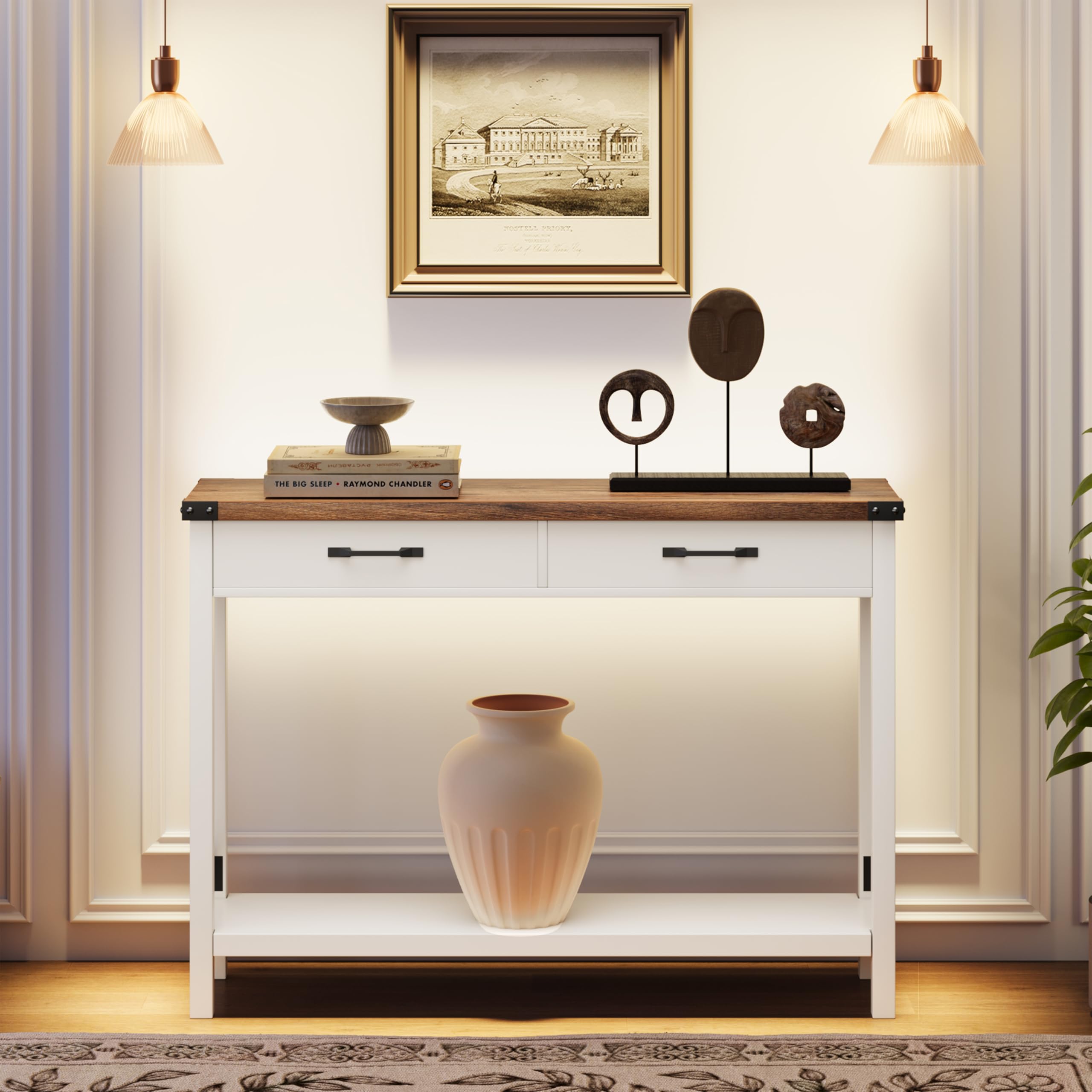 Garvee Mesa Consola Estrecha Estilo Rústico con 2 Cajones y Estante, Mueble Recibidor y Salón, Madera MDF Blanco y Marrón 109x30x79 cm