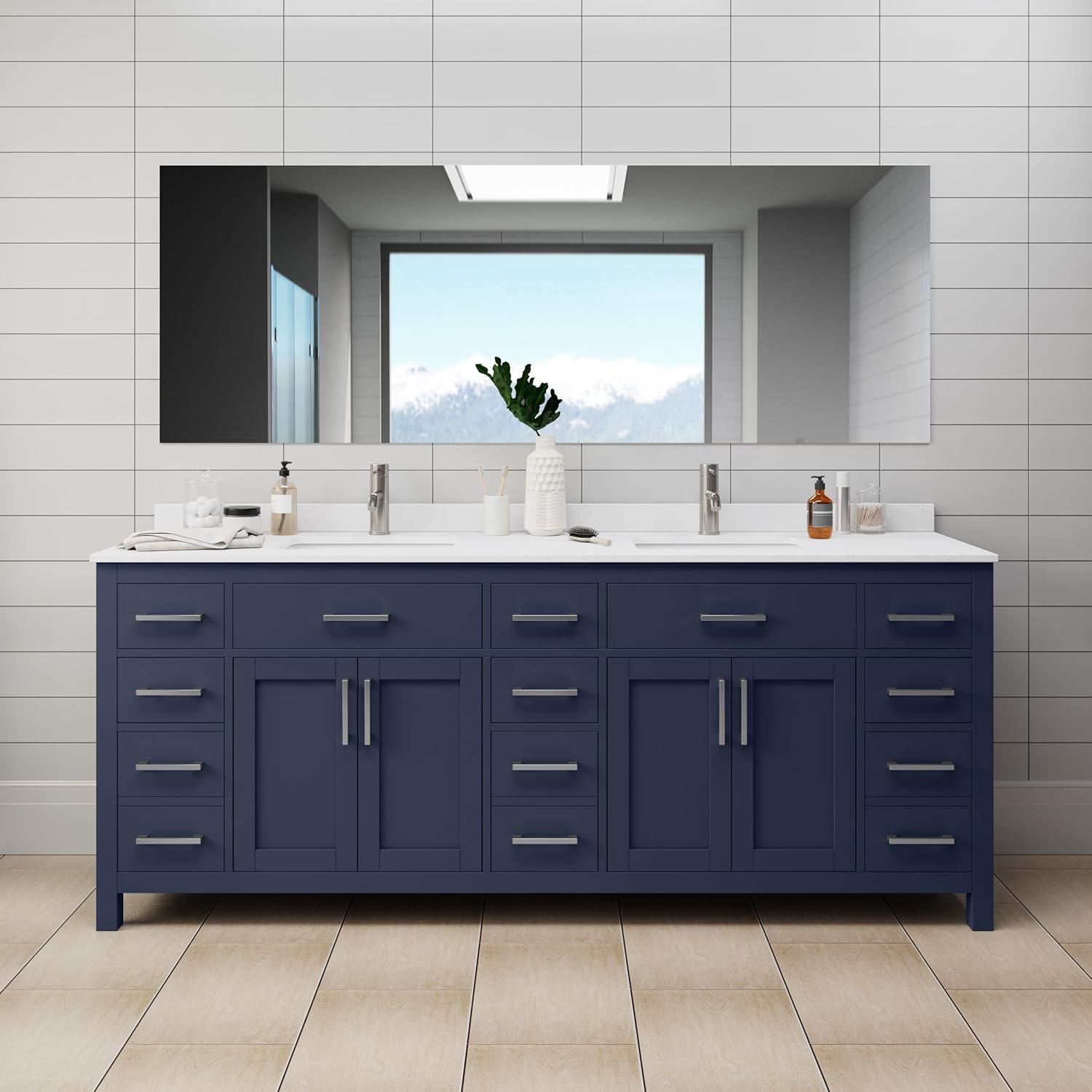 Beckett 84 Inch Double Bathroom Vanity in Dark Blue, White Cultured Marble Countertop, Undermount Square Sinks, Brushed Nickel Trim