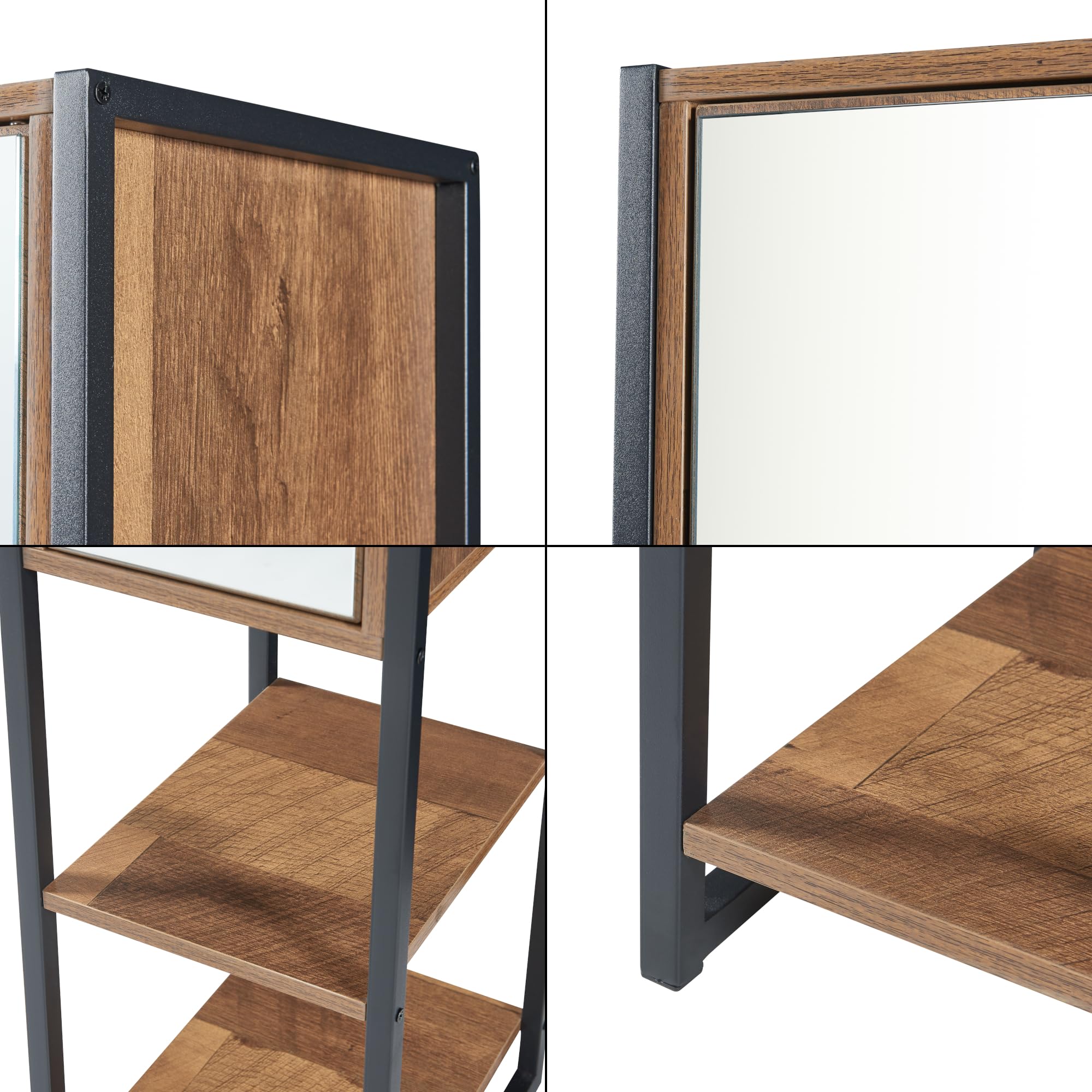 [en.casa] Armario Alto Namsskogan Columna de Baño con 2 Compartimentos Abiertos y 5 Cerrados Mueble Auxiliar Alto Baño Puerta con Espejo Aglomerado Metal 160 x 24 x 30 cm - Efecto Nogal y Negro
