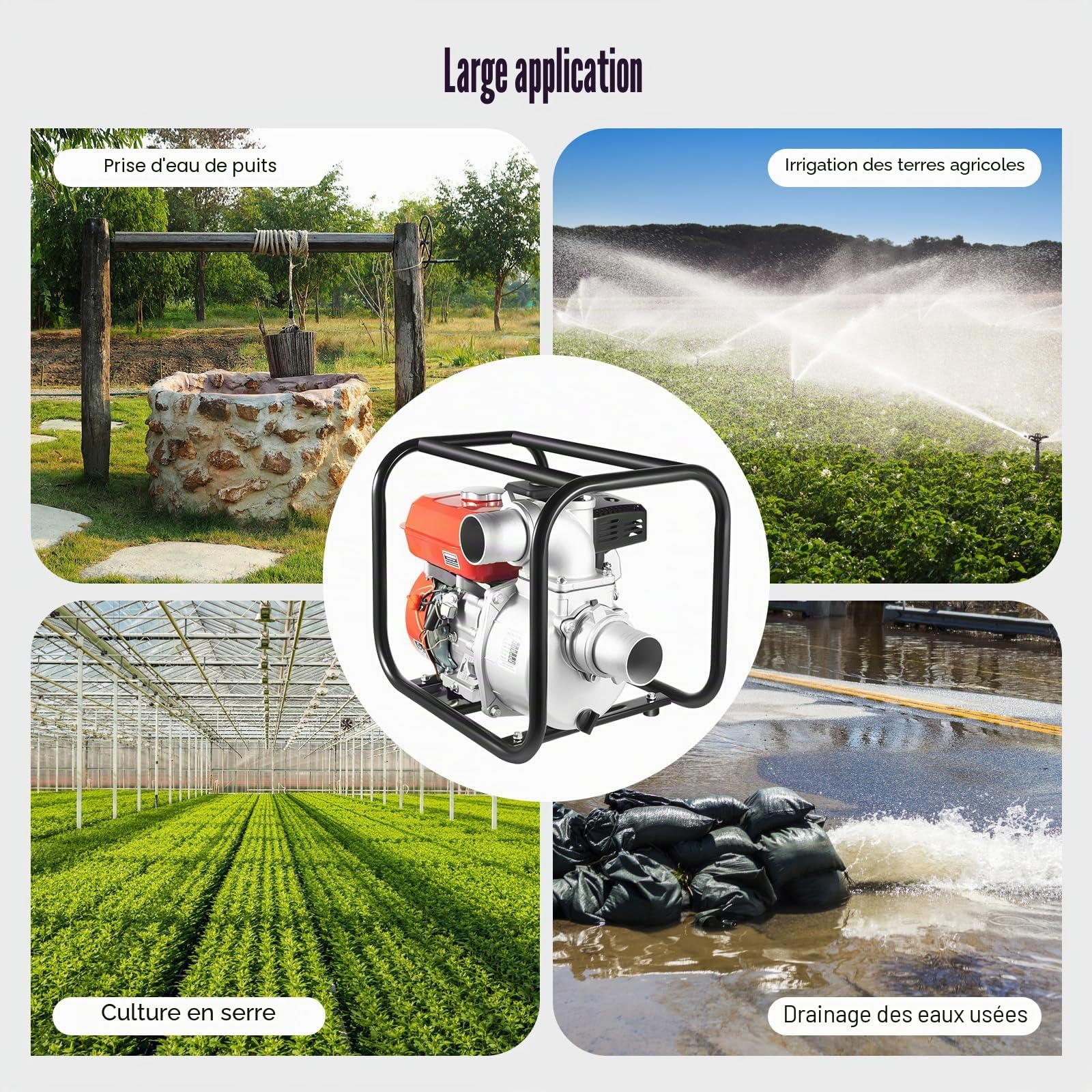 Pompe à eau à essence 35m³/h 7,5CV Pompe à eaux usées à essence | pompe de jardin Haute Efficacité Hauteur de Refoulement 30m, Connexion 80mm, Pour Drainage Irrigation Lavage Arroseur