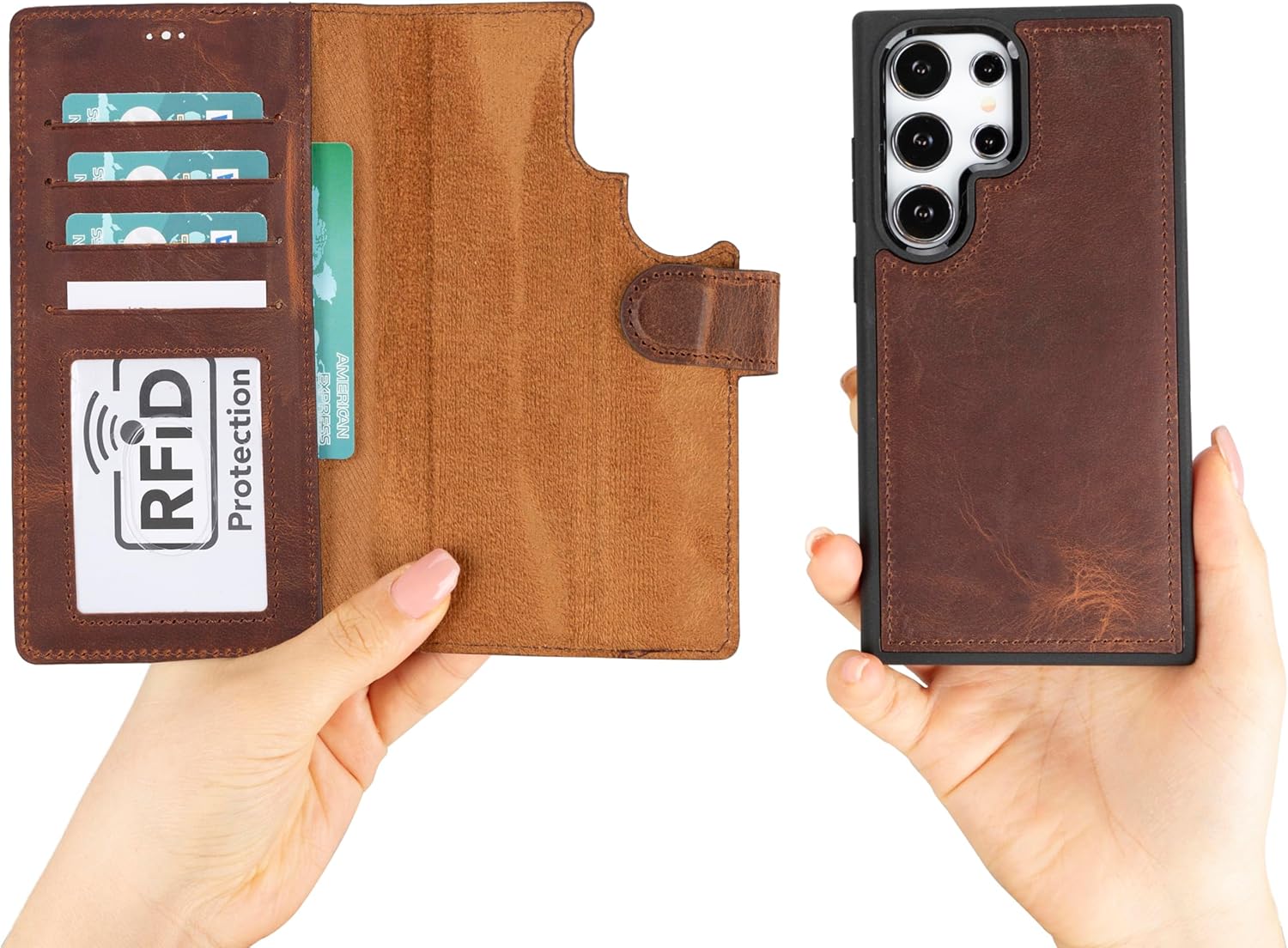 Premium Genuine Leather Case for Samsung Galaxy S25 Ultra - RFID Protection, 4 Card Slots, Cash Holder, Wireless Charging Compatible, 360° Protection, Built-in Stand, Magnetic (Antic Brown)