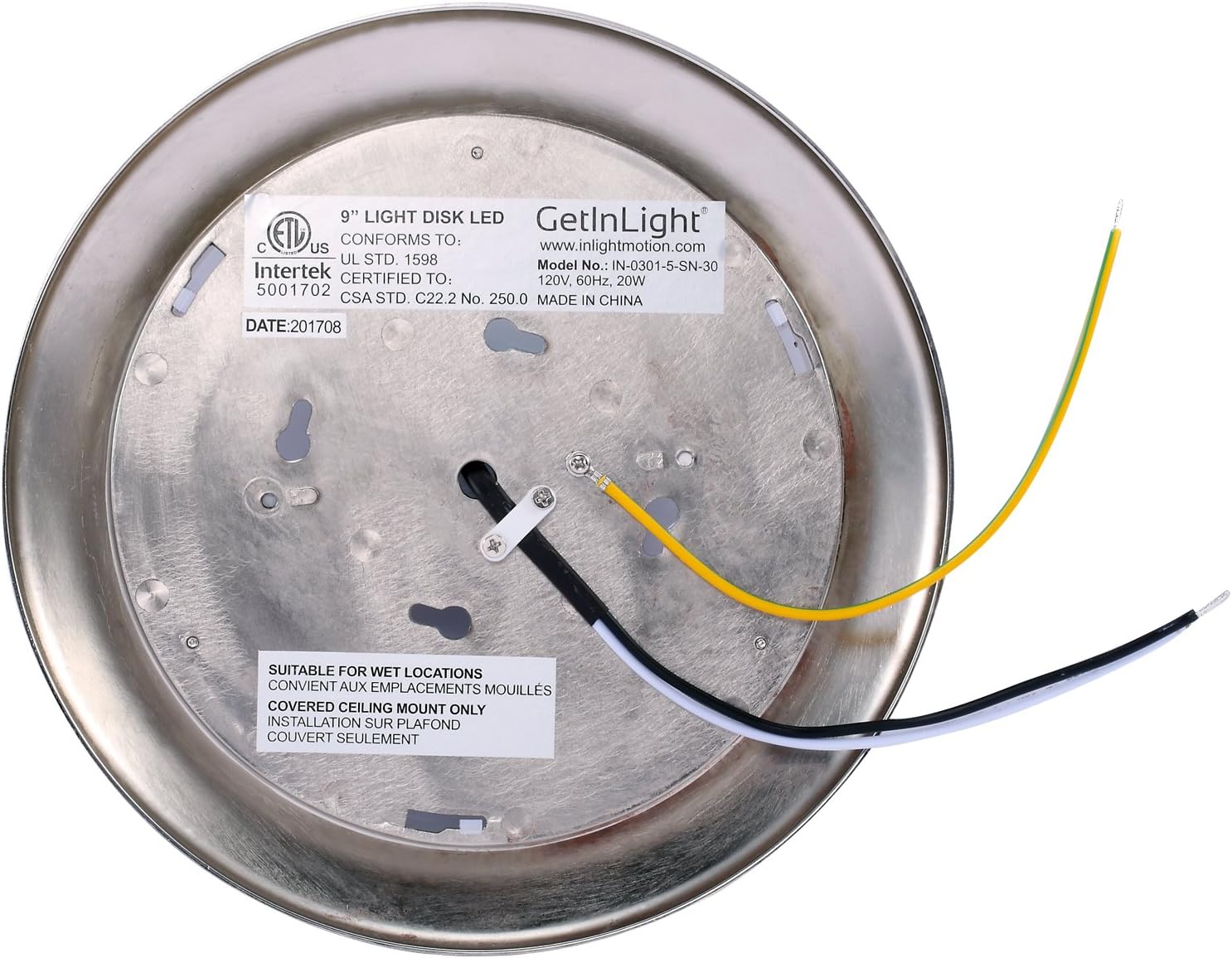 GETINLIGHT 9 Inch LED Disk Light, Dimmable, Recessed or Surface Mount, Soft White 3000K, Brushed Nickel Finish, ETL Listed, Wet Location Rated, IN-0301-5-SN