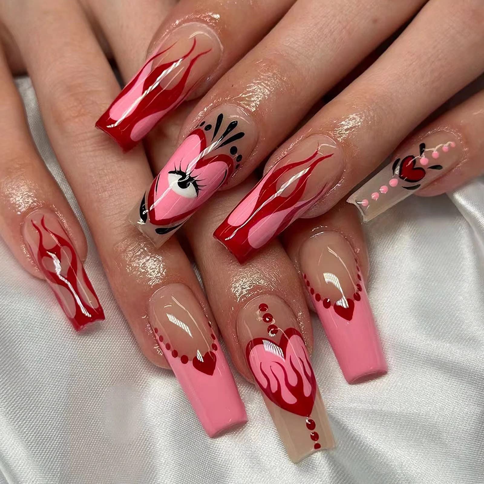 MERVF Coffin Press on Nails Long Fake Nail Pink French Tip Ballerina Glue ons Red Flame Acrylic Artificial Gothic False Manicure with Heart Pattern