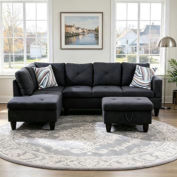 L-Shaped Sectional Sofa with Movable Chaise & Storage Ottoman, Lounge 3-Piece Modular Convertible Couches for Living Room, Apartment & Office, Blackish Gray