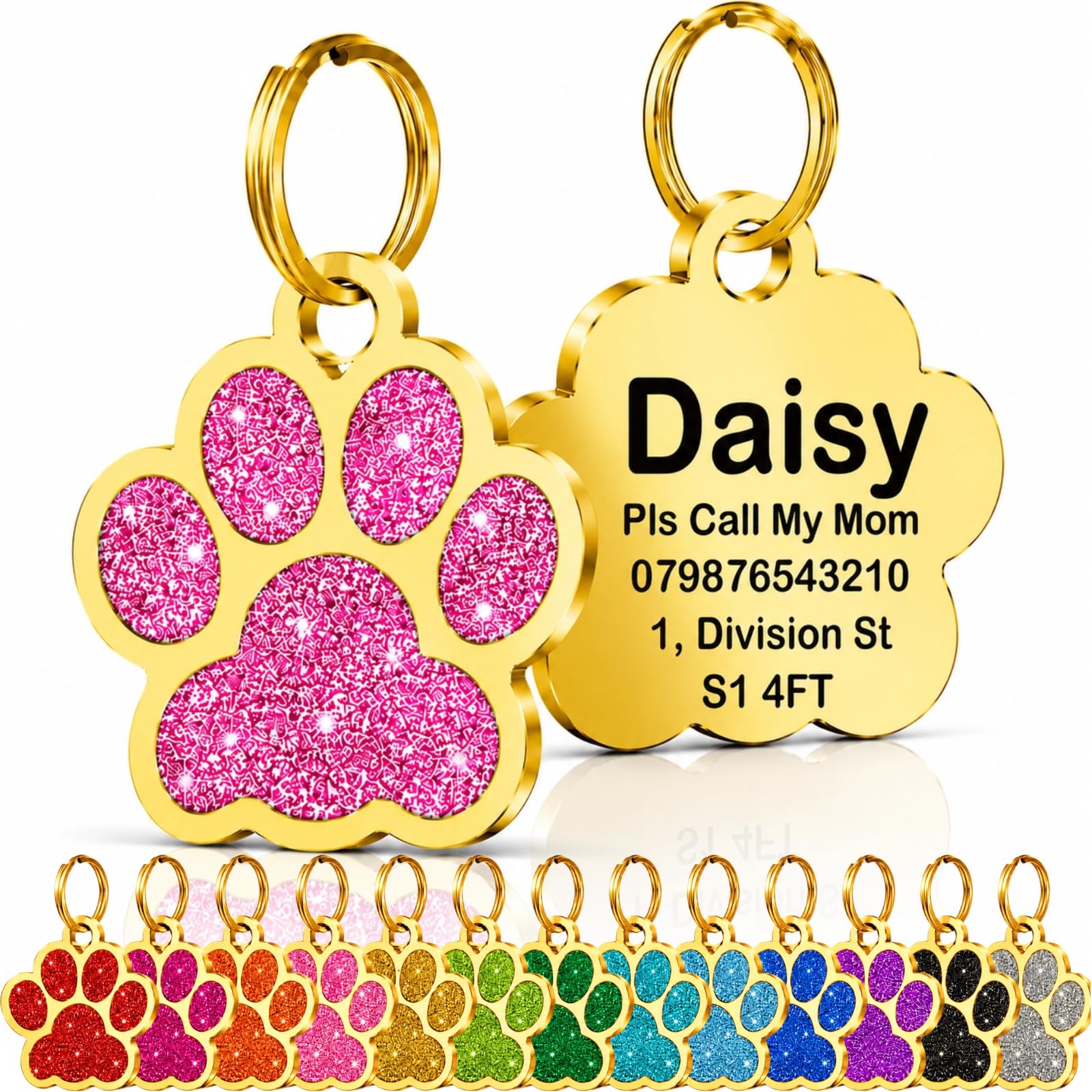 Personalised Cat Tags, Dog Tags for Pets UK Prime, Deep Engraved Pet ID Tags for Dogs & Cats, Glitter Paw Print Stainless Steel Cat Name Tag, Doggy Cat Kitten Kitty Puppy Tag (Pink Paw-Gold, L) — image 1