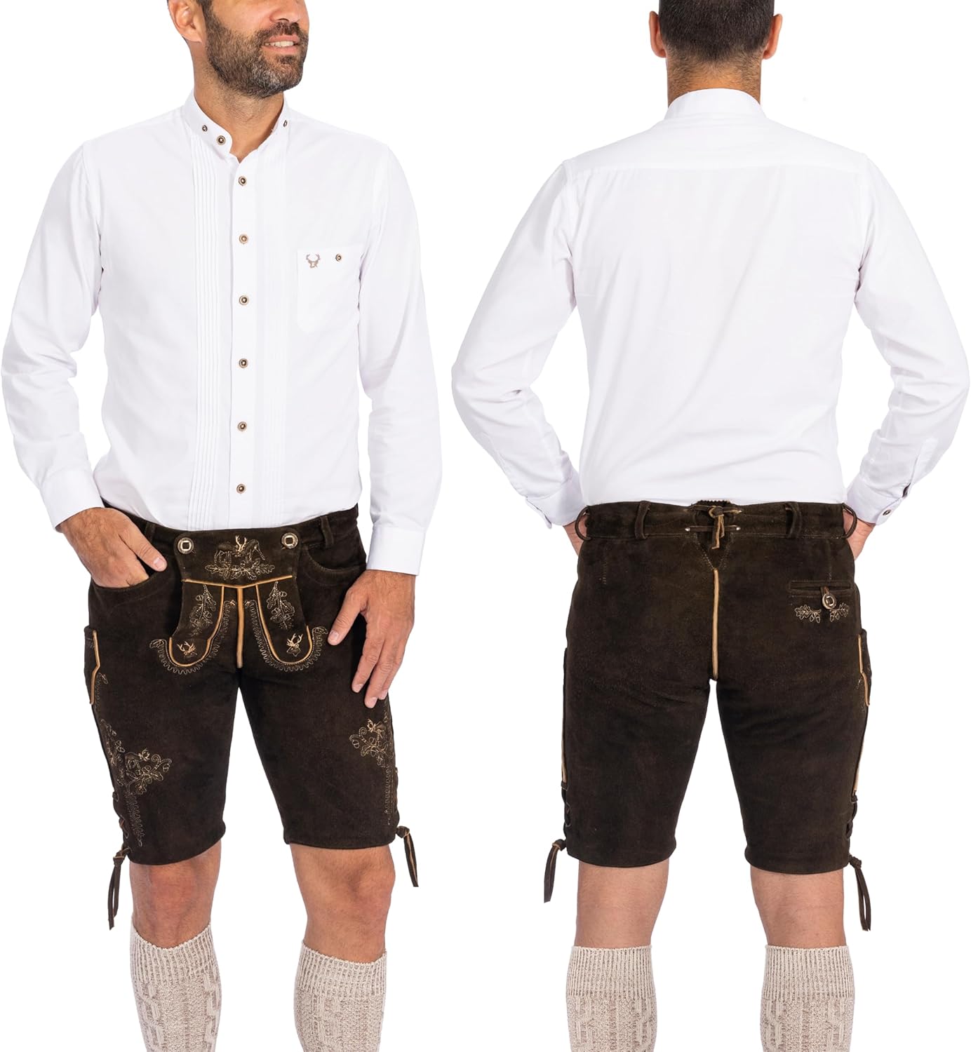 BAVARIA TRACHTEN Lederhosen Men Oktoberfest Costume, Genuine Leather German, Antique Mushroom Brown Short, Green, White, Goat