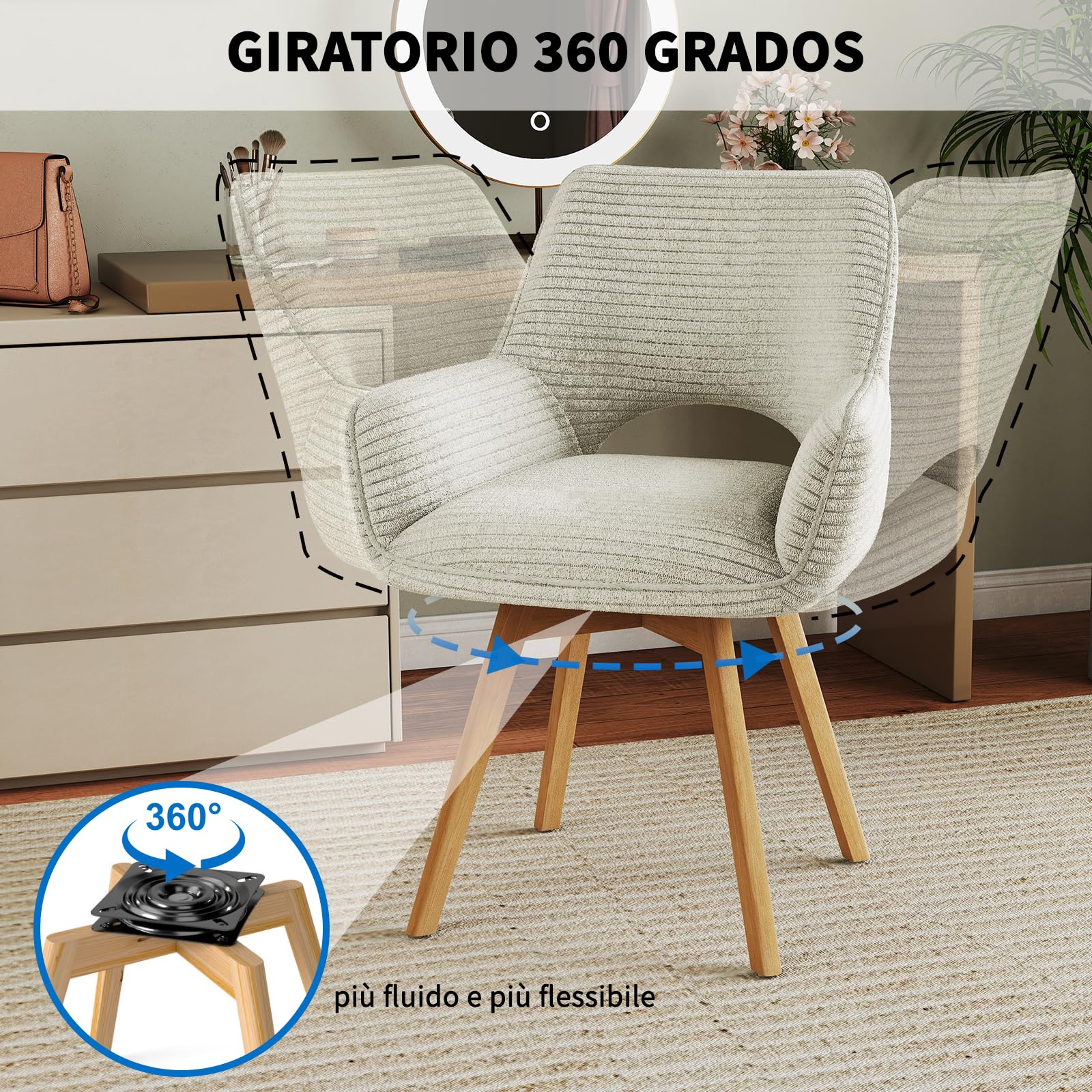 JIJIAN Juego de 2 Sillas de Comedor Giratorias 360°, Beige | Silla de Cocina con Reposabrazos, Patas de Madera, Silla Tapizada Moderna de Terciopelo de Canalé para Cocina, Comedor, Salón