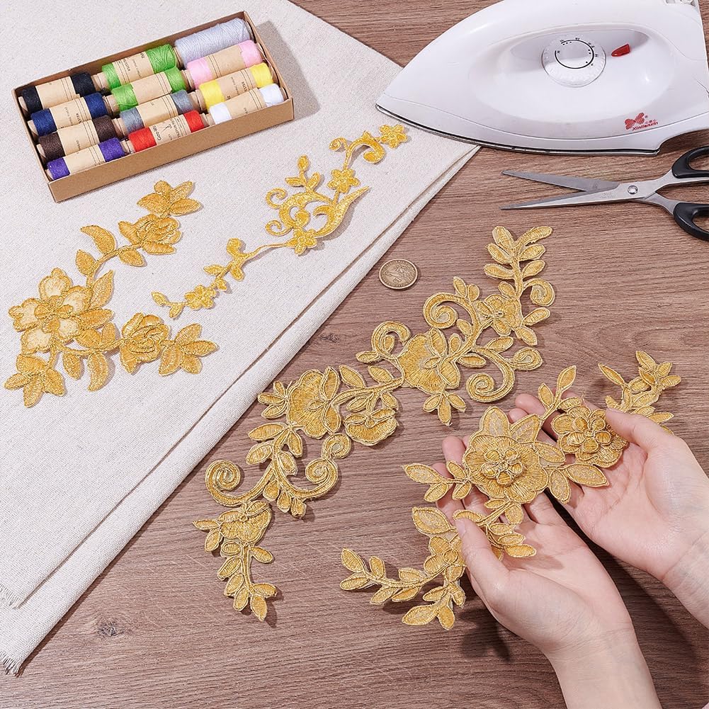 NBEADS 8 Pcs Embroidery Lace Flower Patches, Iron on Patches Sew on Patches Golden Floral Lace Appliques for Wedding Dress Decoration Repair Clothing Backpacks Jeans Caps
